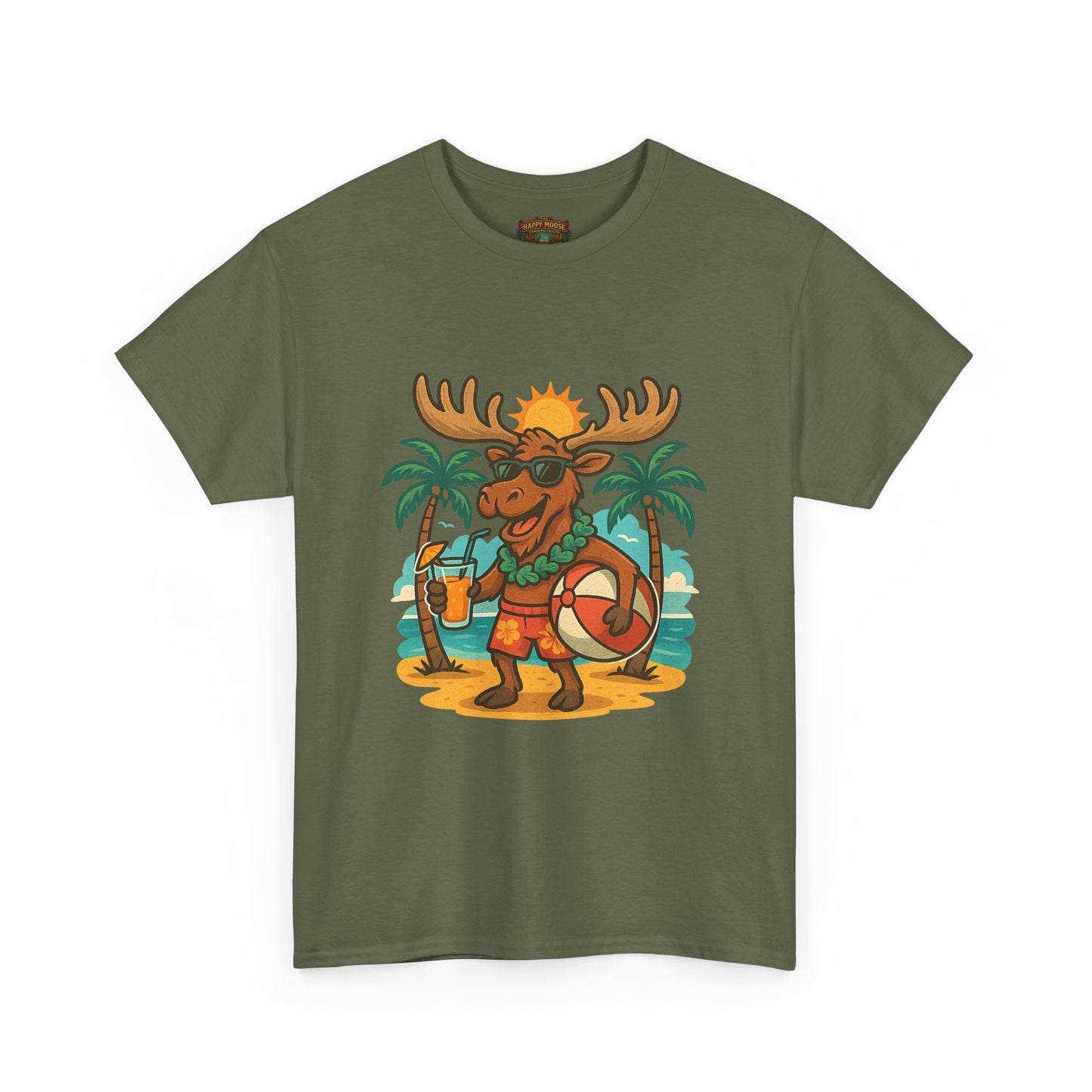 Moose on Vacation T-Shirt — Tropical Retro Moose with Sunglasses & Drink