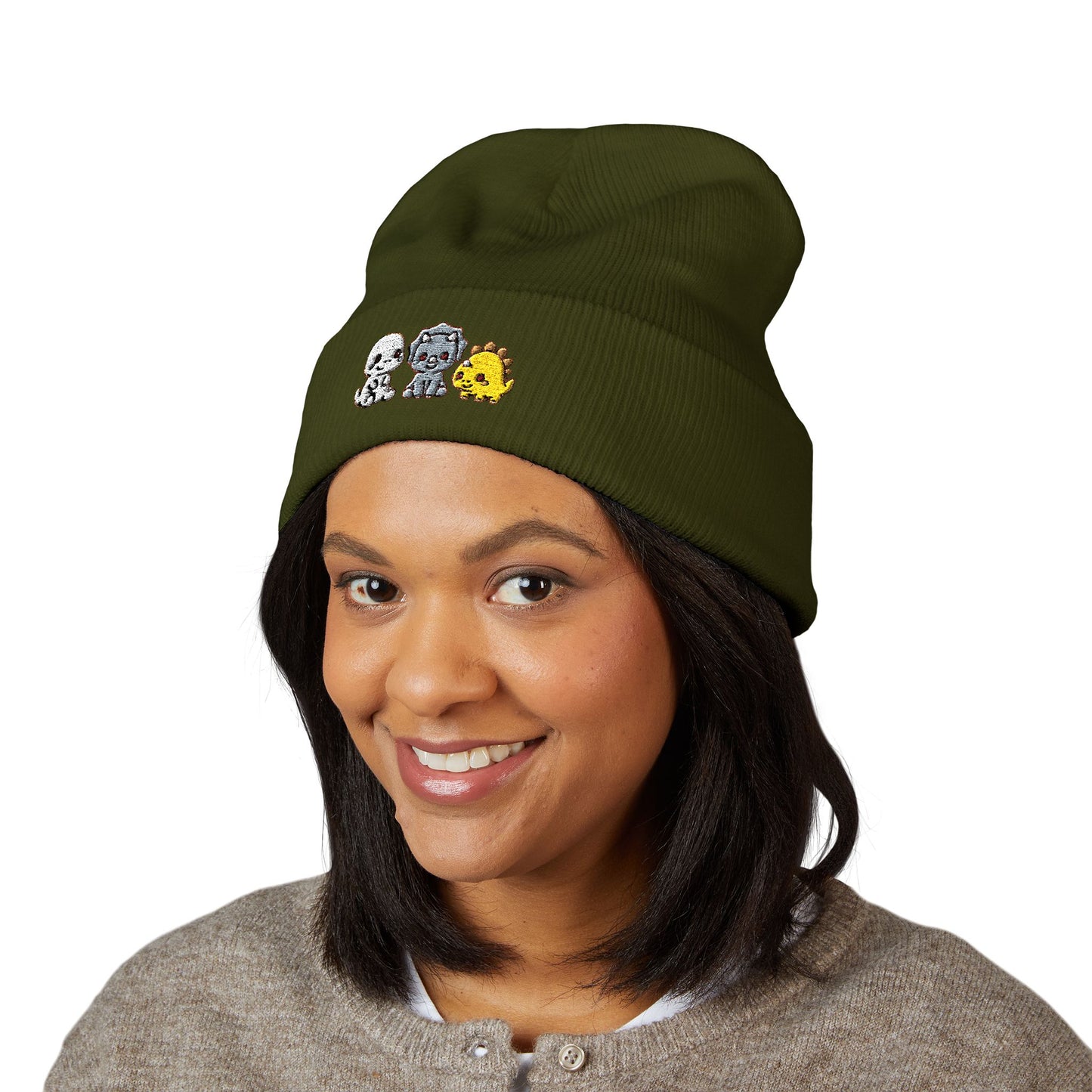 Embroidered Cute Character Cuffed Beanie — Trio Skull, Robot & Chick Winter Hat