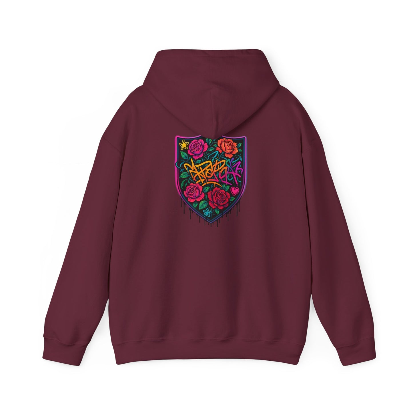 Graffiti Rose Shield Hoodie – Urban Floral Streetwear Sweatshirt