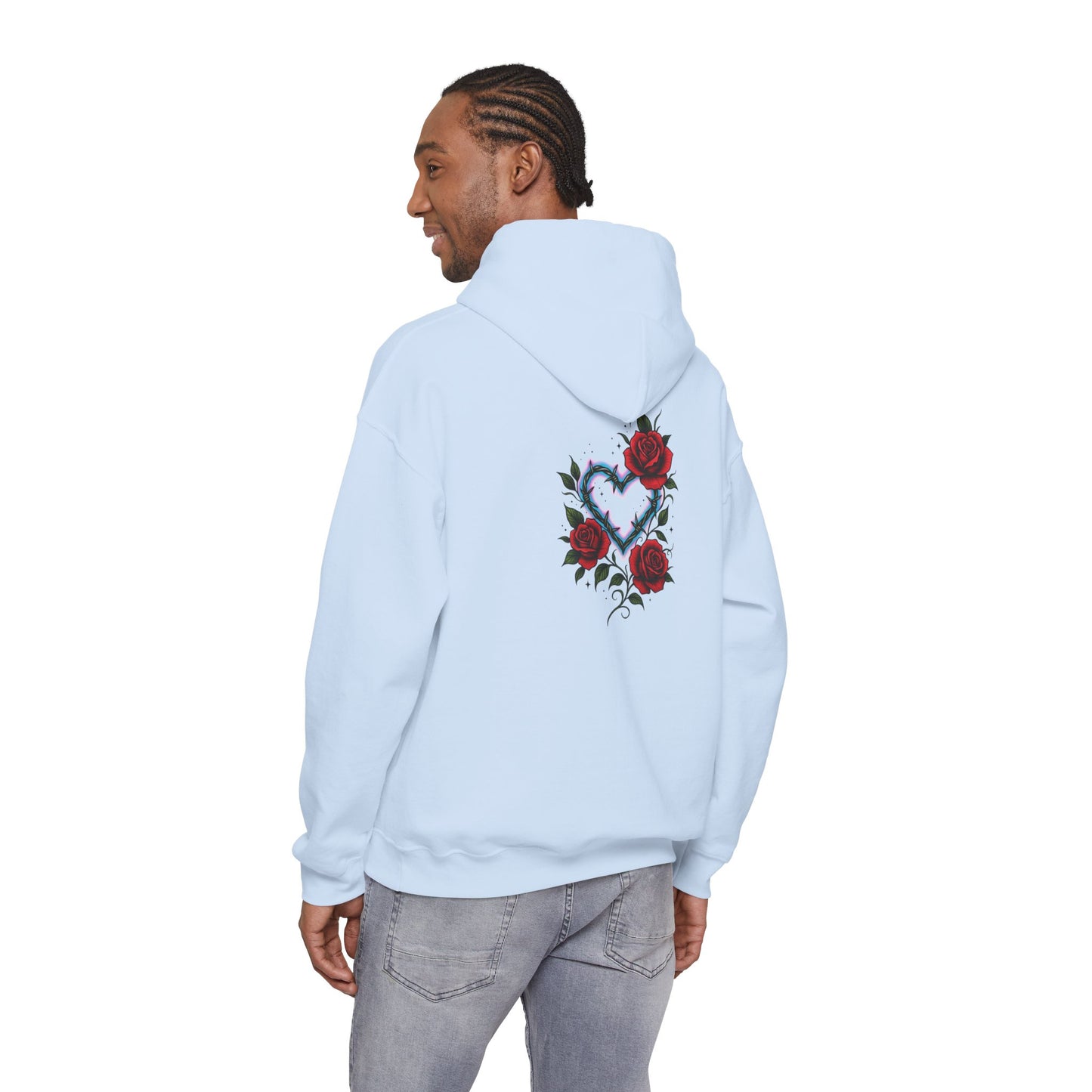 Hoodie — Smoky Heart with Red Roses Back Graphic