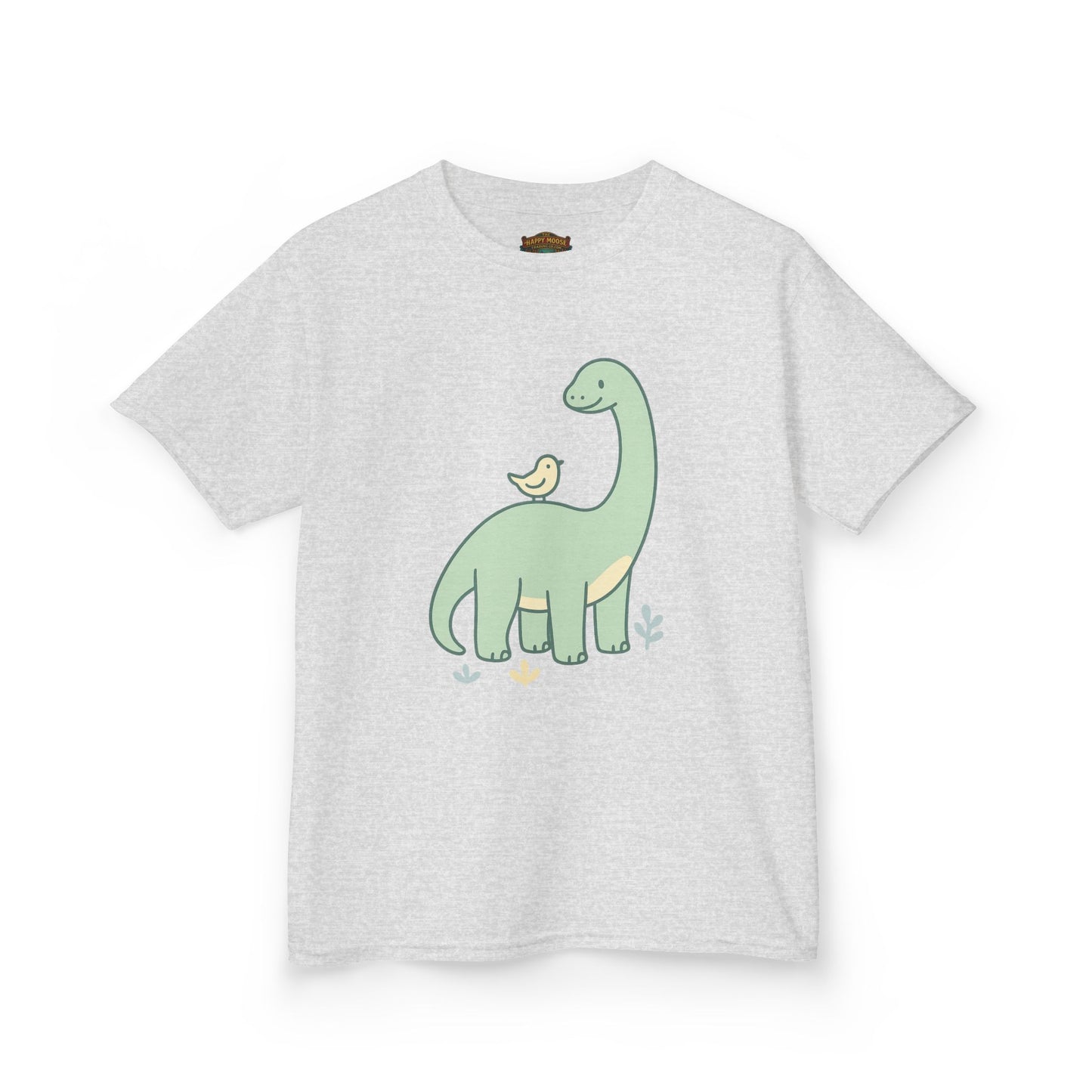 Kids Dino & Bird Tee — Cute Green Brontosaurus Graphic T‑Shirt