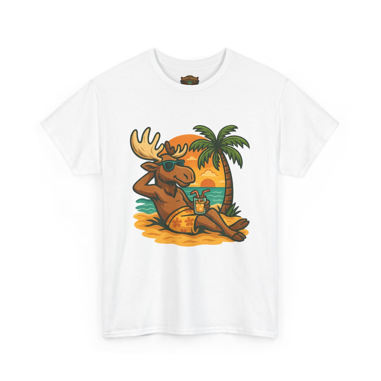 Moose Beach Vacation T-Shirt — Relaxing Tropical Moose Graphic Tee