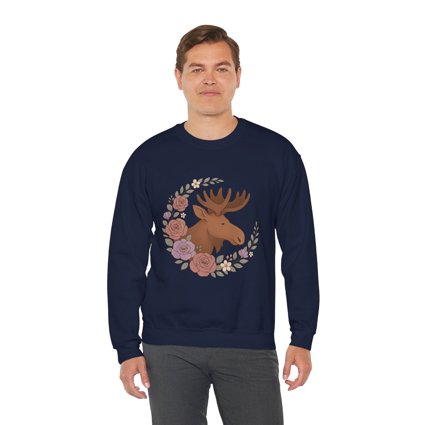 Moose Floral Crewneck Sweatshirt — Rustic Woodland Animal Sweatshirt