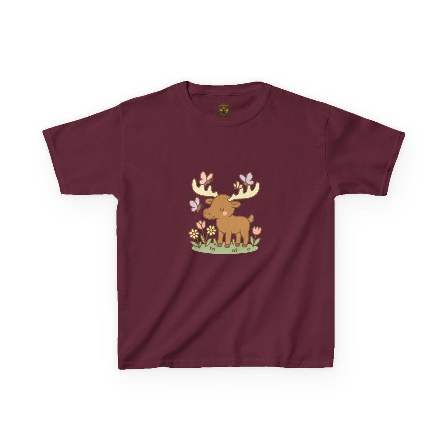 Kids T-Shirt — Cute Woodland Moose with Butterflies Kids Tee