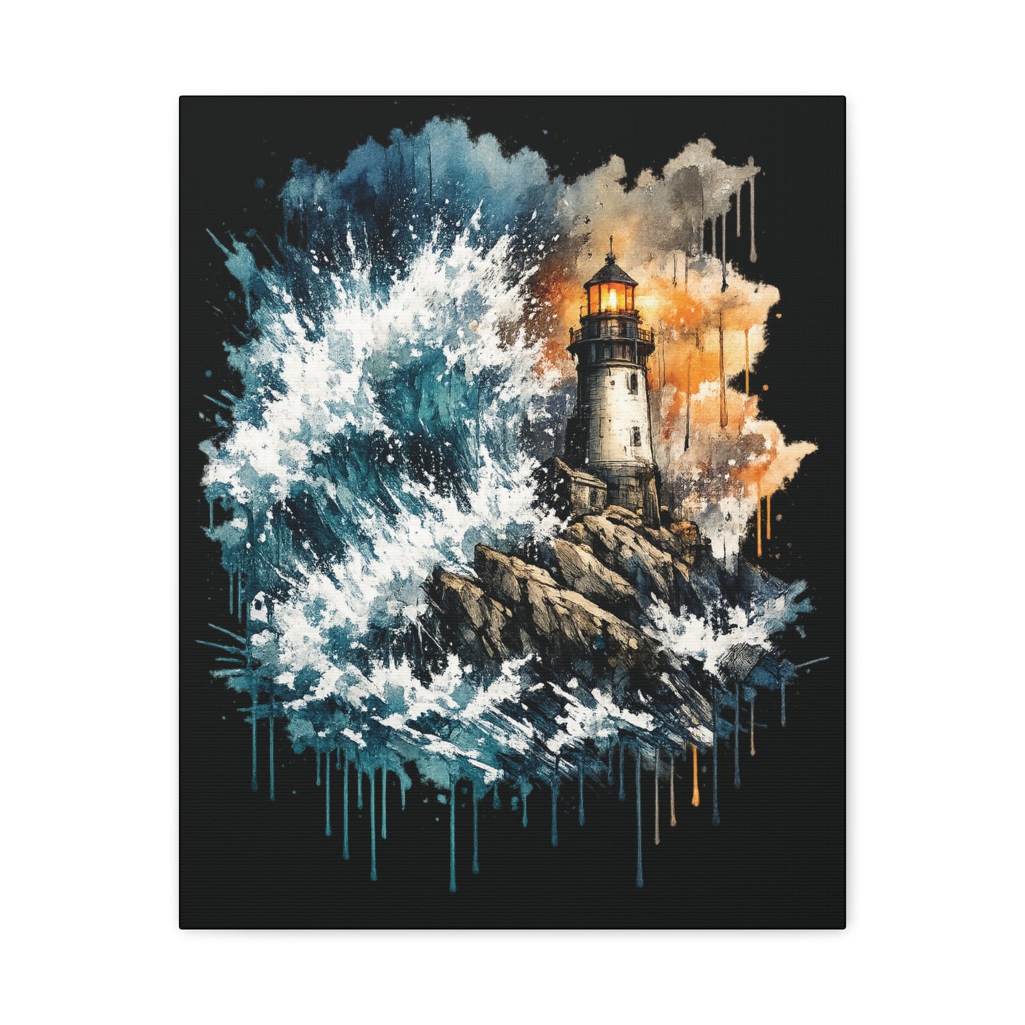 Lighthouse Storm Matte Canvas Wall Art — Dramatic Ocean Wave Seascape C001