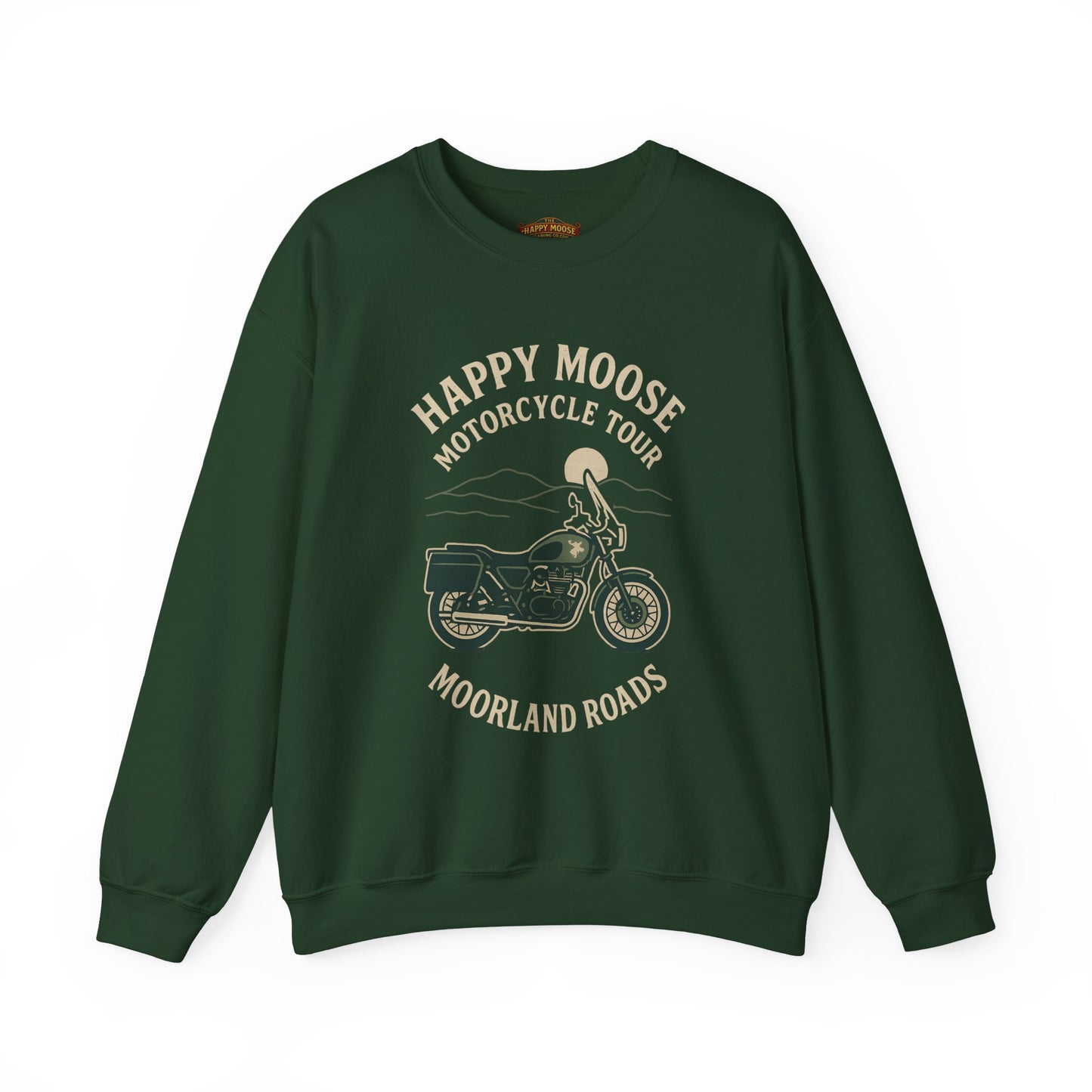Motorcycle Crewneck Sweatshirt — "Happy Moose Motorcycle Tour" Vintage Bike Graphic