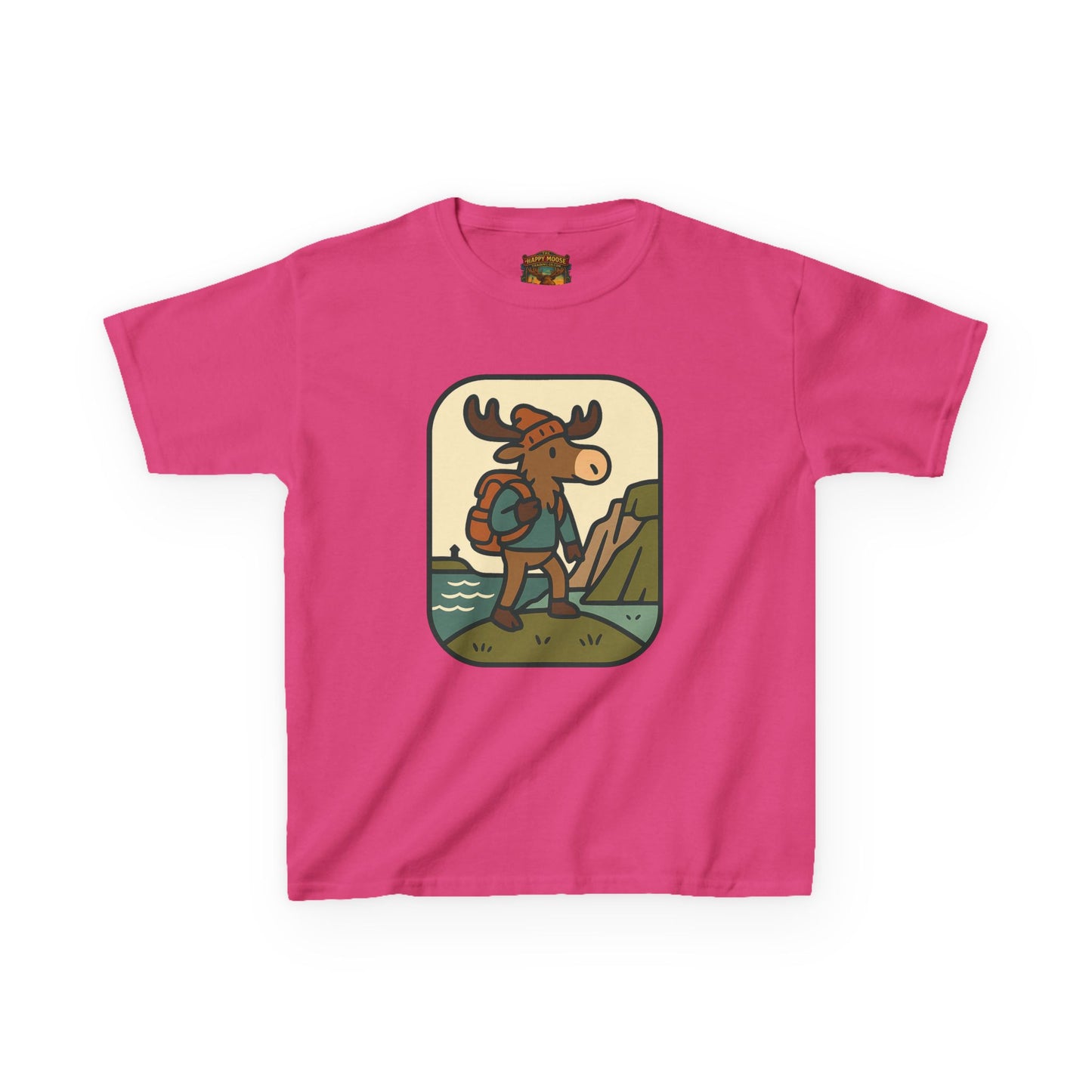 Kids Hiking Moose T‑Shirt — Cute Adventure Backpacker Tee for Boys & Girls