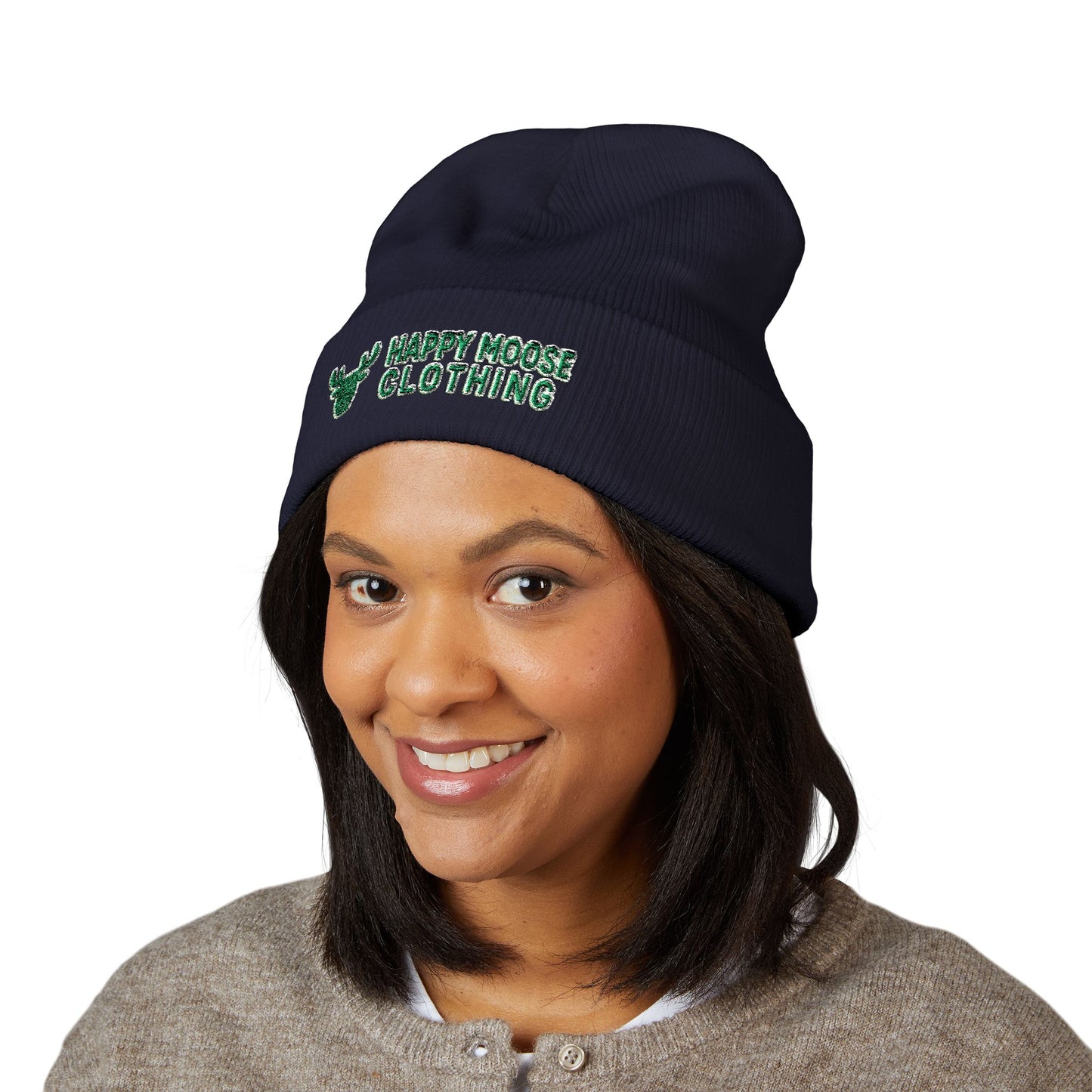Happy Moose Embroidered Cuffed Beanie