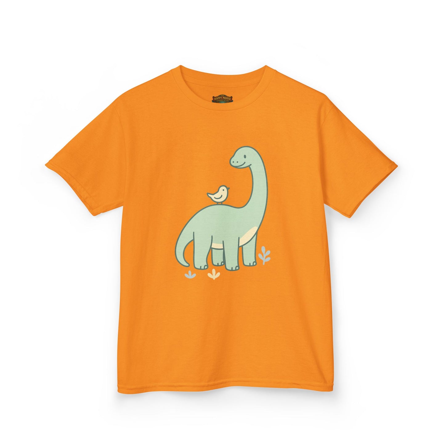 Kids Dino & Bird Tee — Cute Green Brontosaurus Graphic T‑Shirt