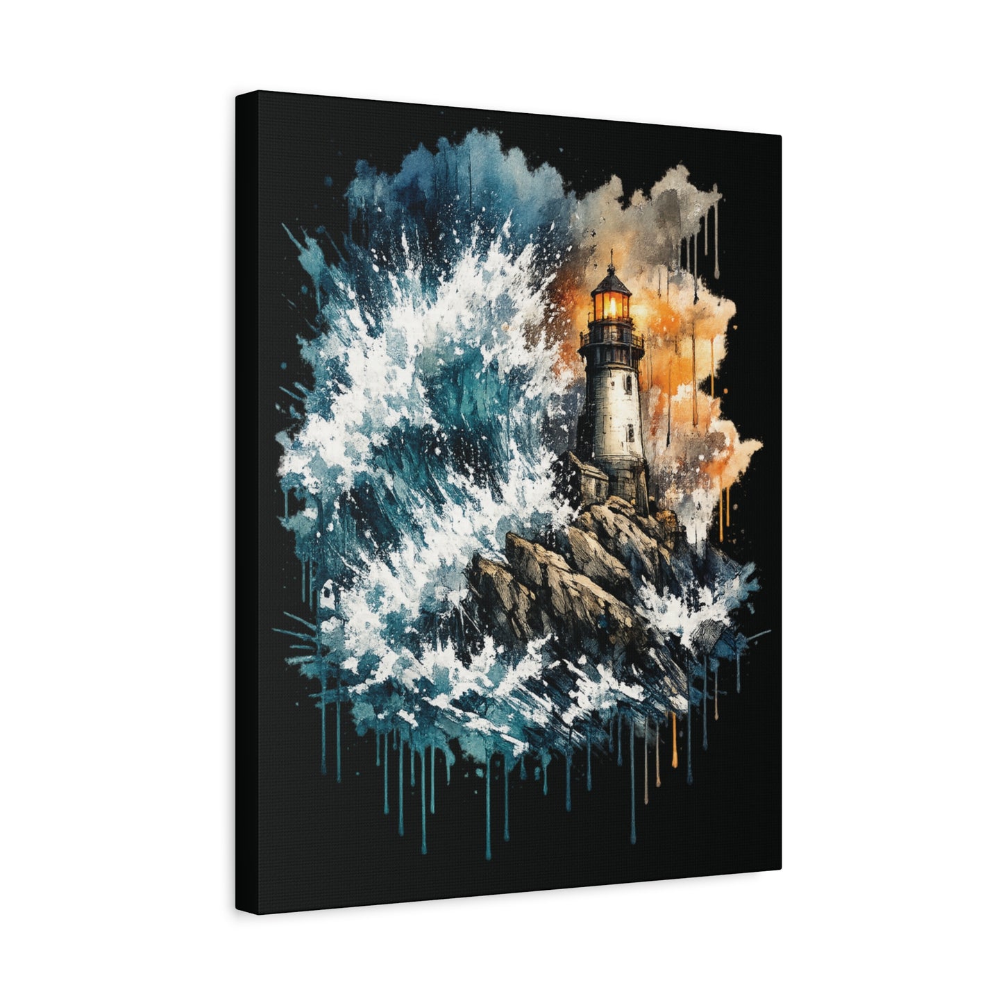 Lighthouse Storm Matte Canvas Wall Art — Dramatic Ocean Wave Seascape C001