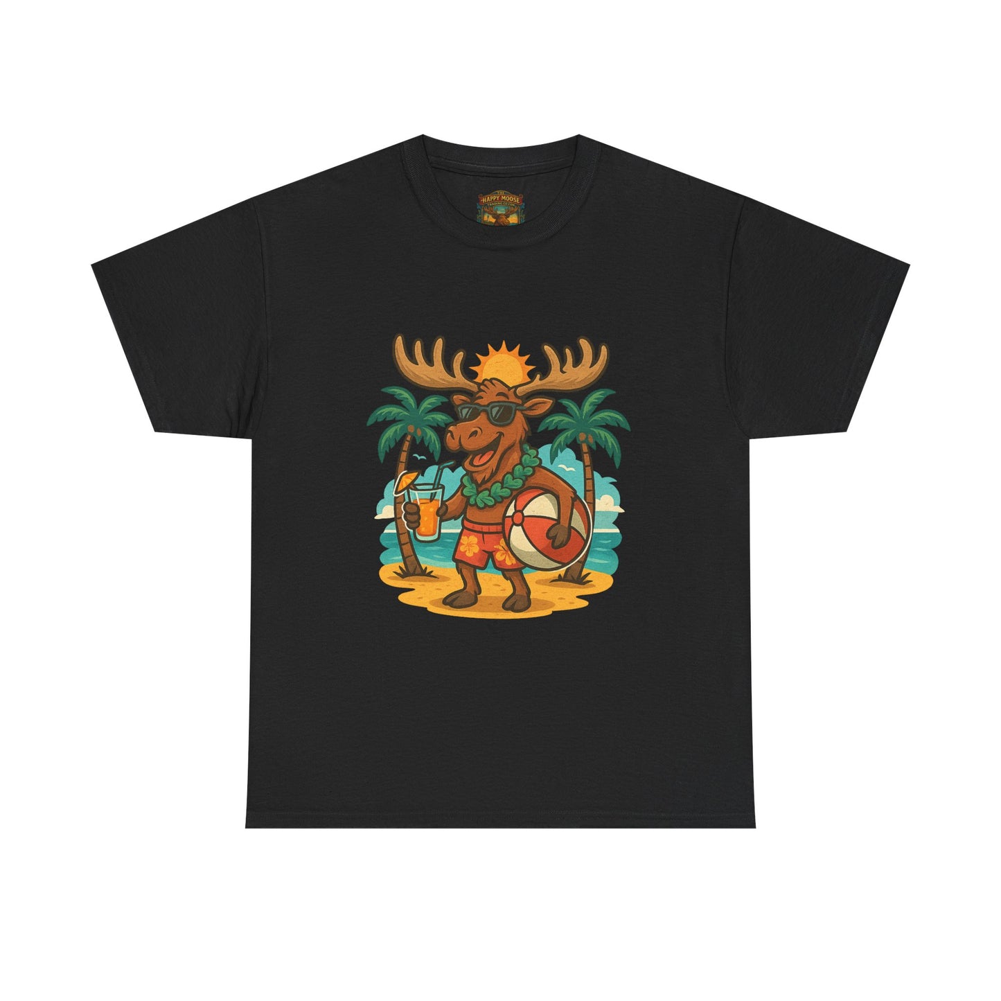 Moose on Vacation T-Shirt — Tropical Retro Moose with Sunglasses & Drink