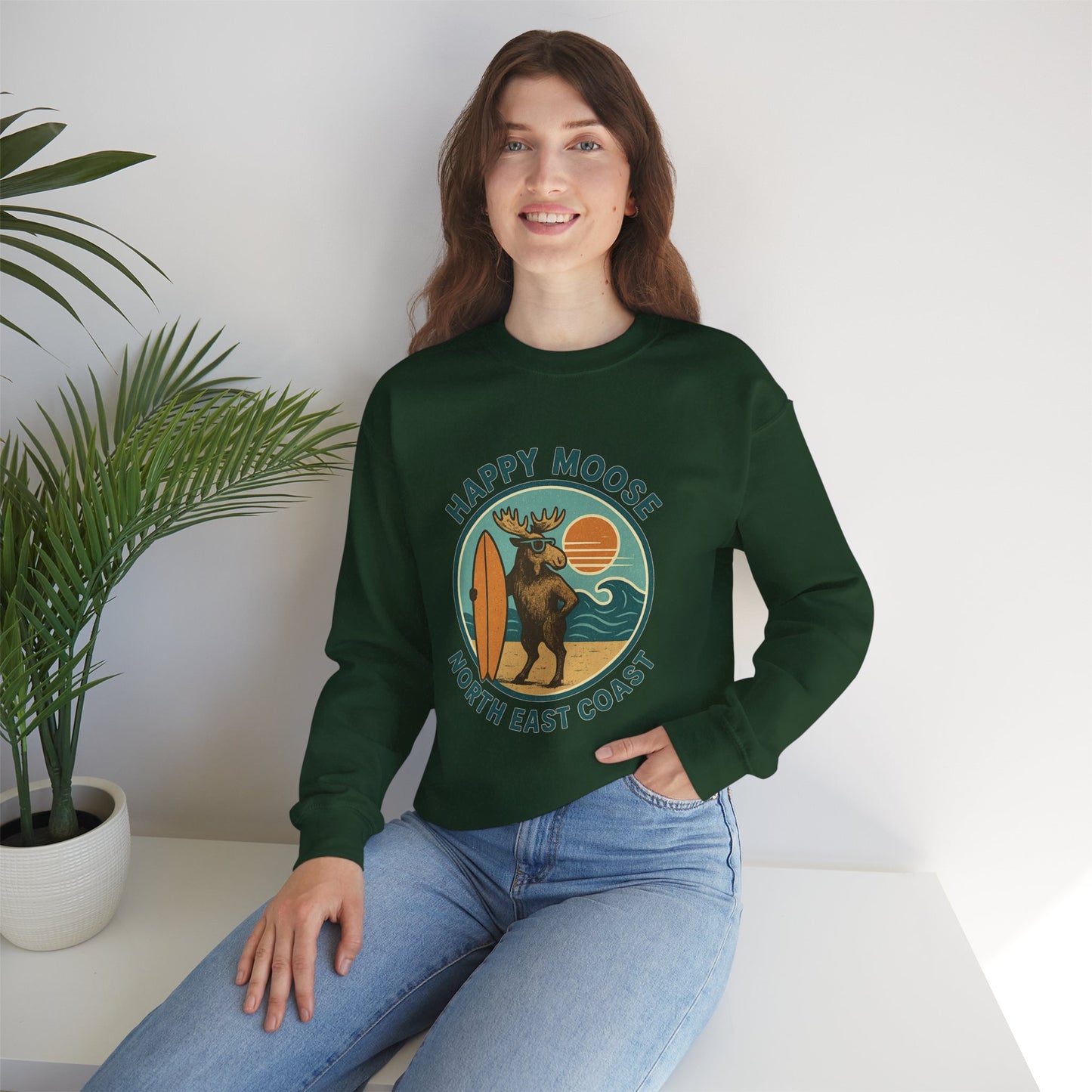 Happy Moose North East Coast Crewneck Sweatshirt — Vintage Surf Moose Graphic