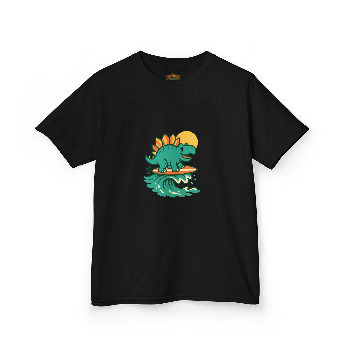 Kids Surfing Dinosaur T-Shirt — Cute Stegosaurus on Wave Graphic Tee