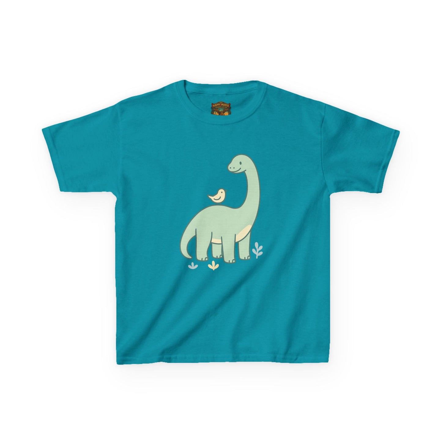 Kids Dino & Bird Tee — Cute Green Brontosaurus Graphic T‑Shirt