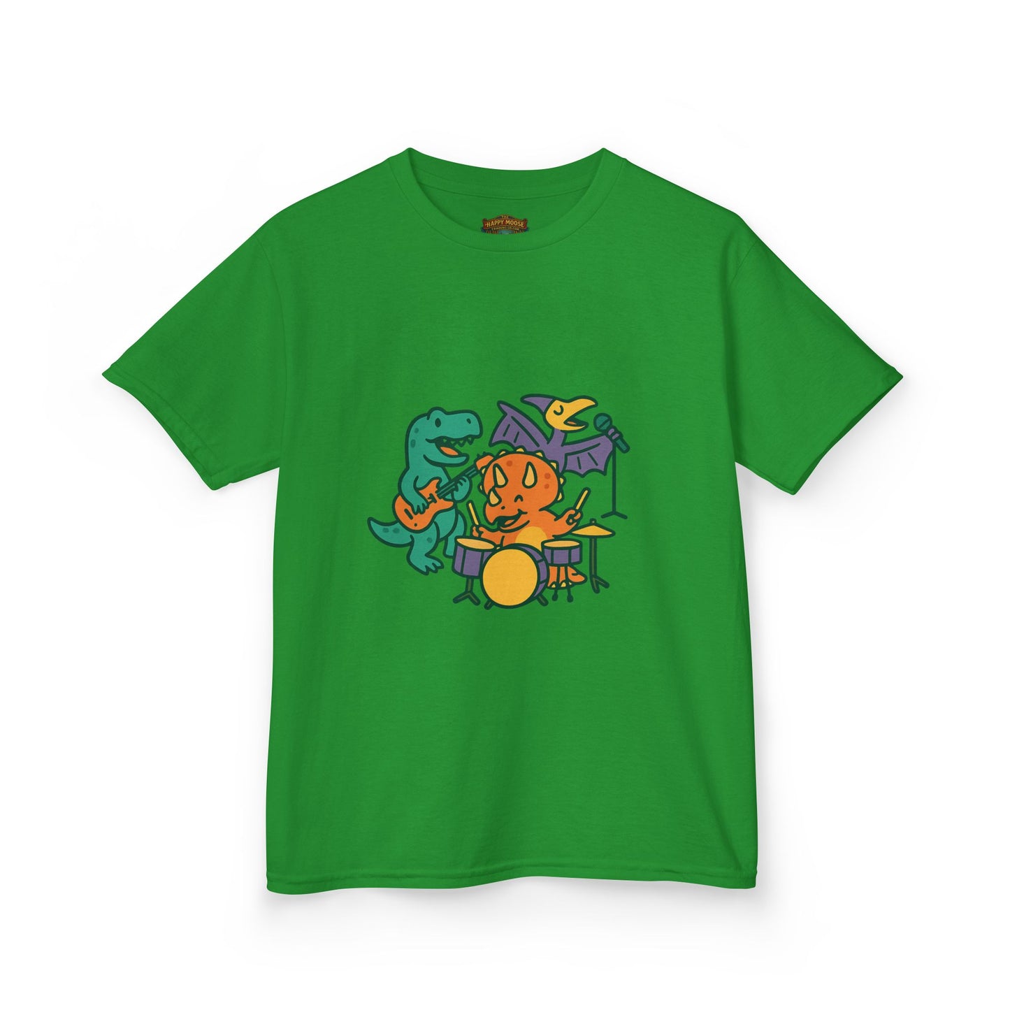 Kids Dino Band T‑Shirt — Cute Cartoon Dinosaur Drummer Tee for Boys & Girls