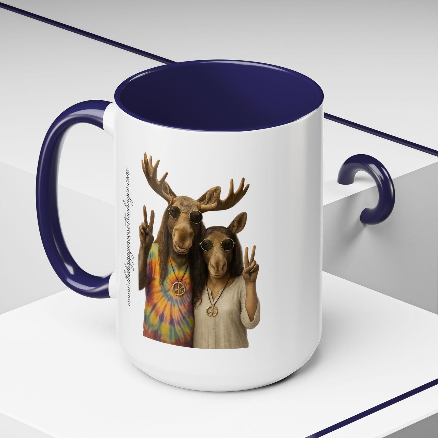 Peaceful Moose Couple Accent Coffee Mug — Hippie Tie-Dye Moose Peace Sign 11/15oz