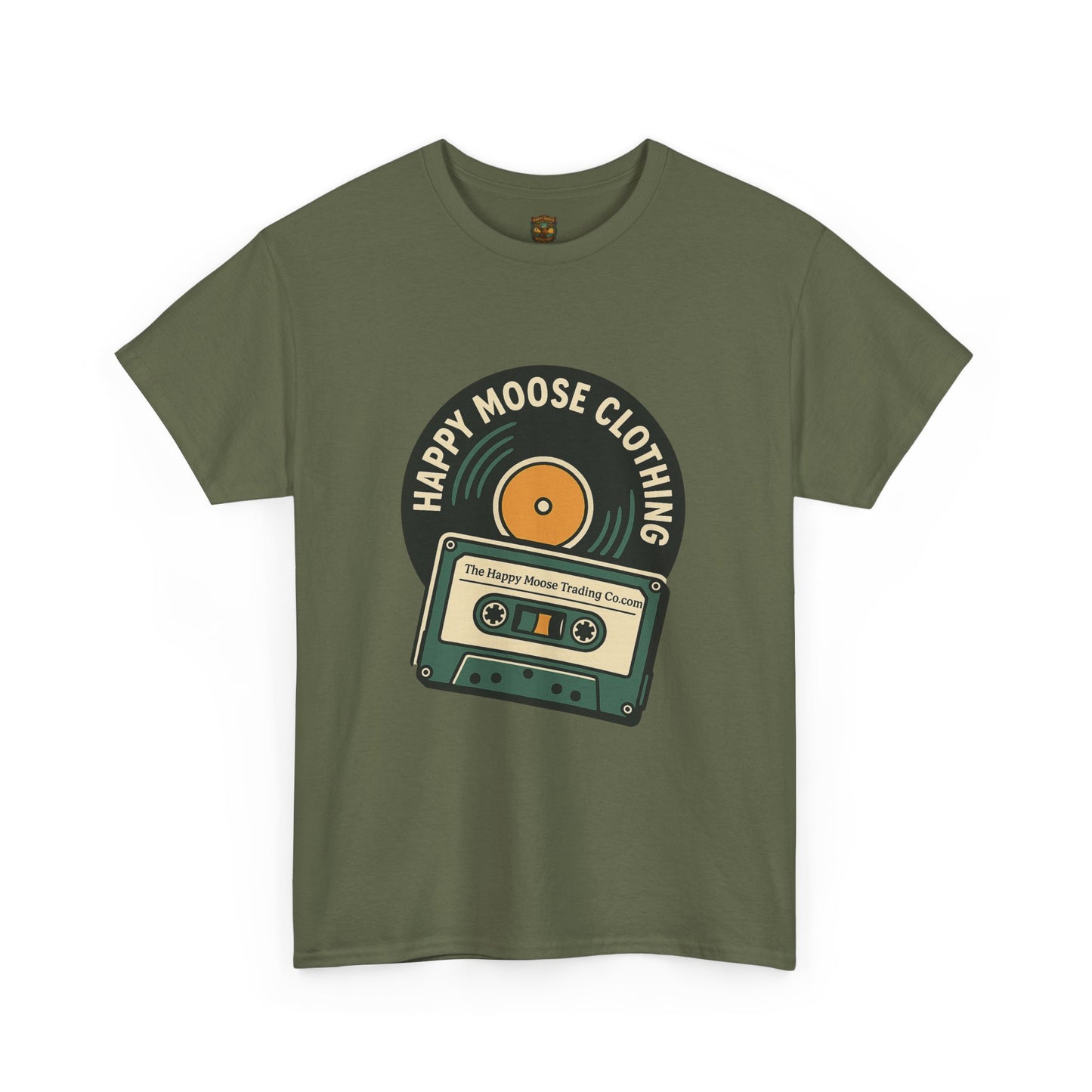 Cassette & Vinyl Retro Tee — “Happy Moose Clothing” Vintage Music Graphic T-Shirt