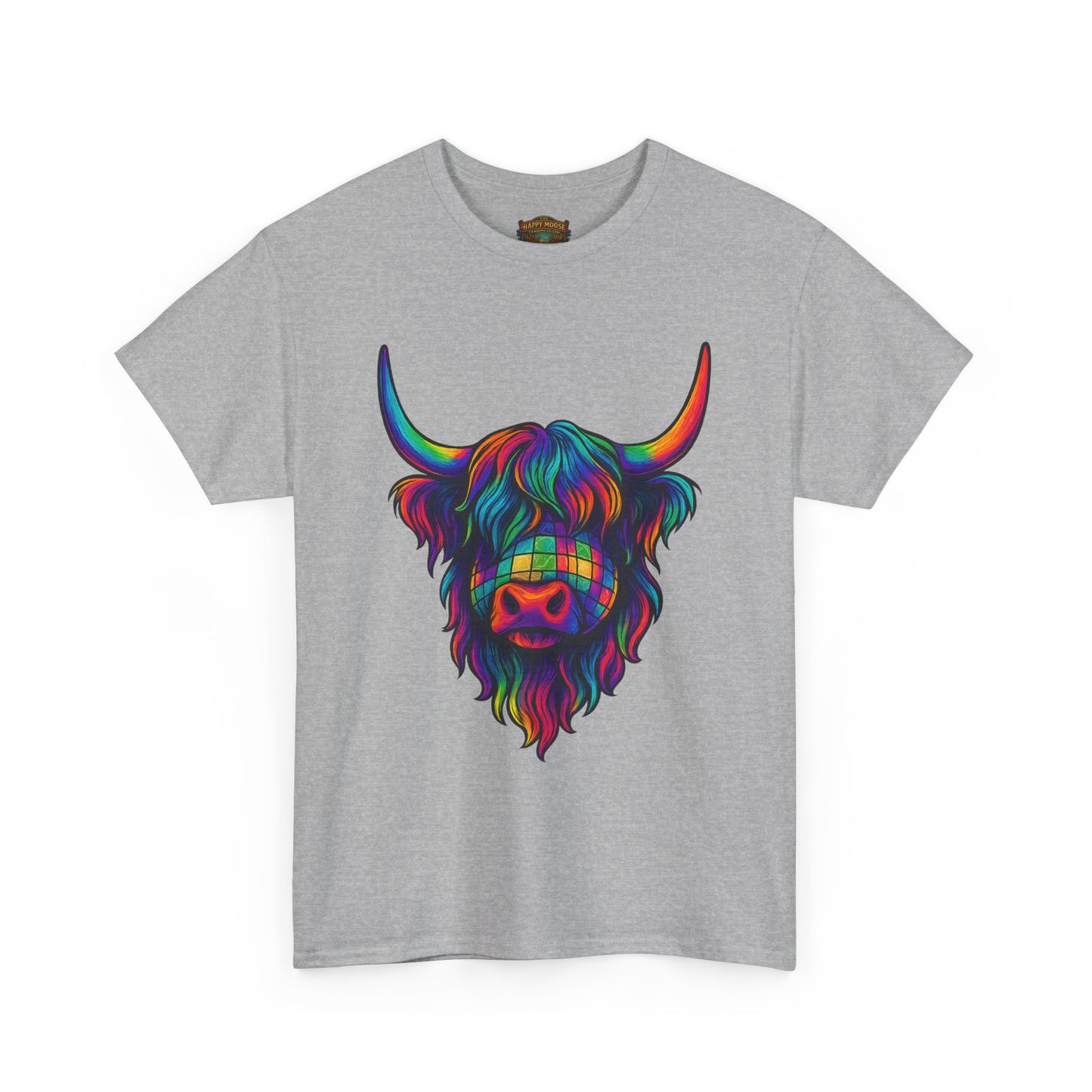 Highland Cow Graphic Tee — Colorful Psychedelic Scottish Highland Cattle T-Shirt