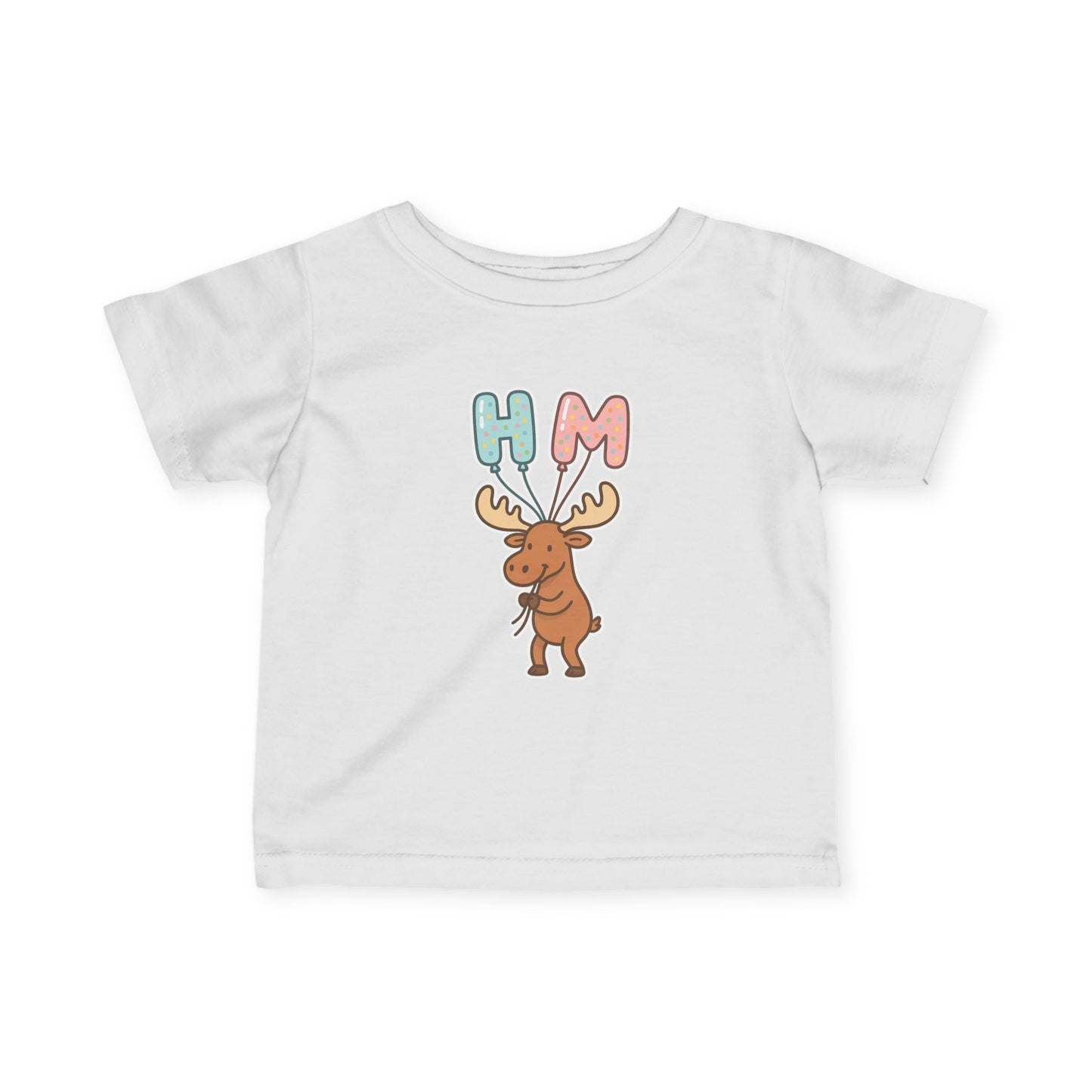 Baby Tee — Cute Moose Holding 'HM' Heart Balloons | Infant Graphic Shirt
