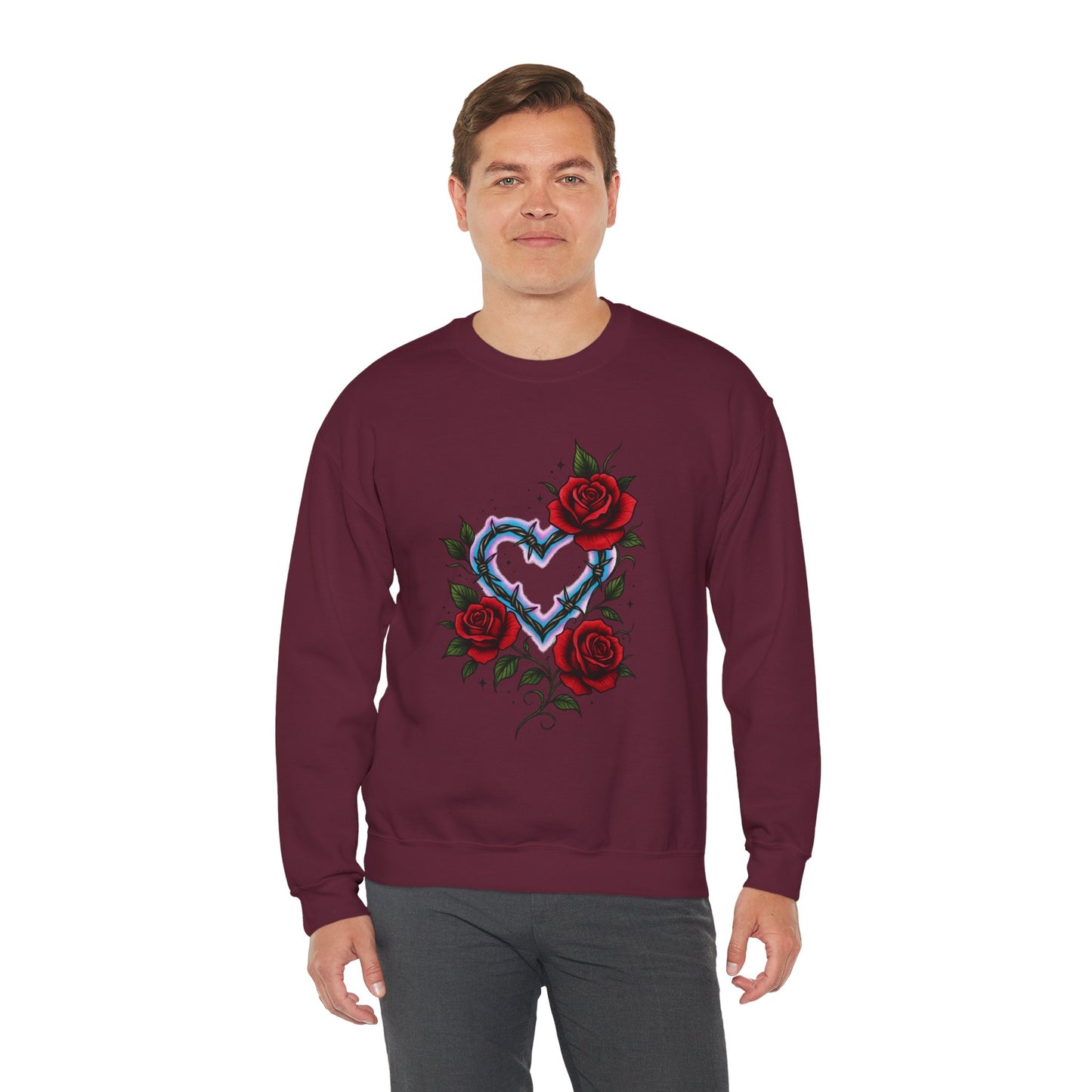 Heart & Roses Crewneck Sweatshirt — Gothic Floral Heart Design