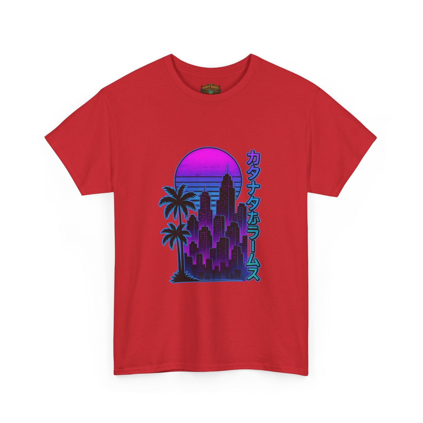 Retro Vaporwave Tee — Neon Sunset City with Palm Trees & Japanese Text