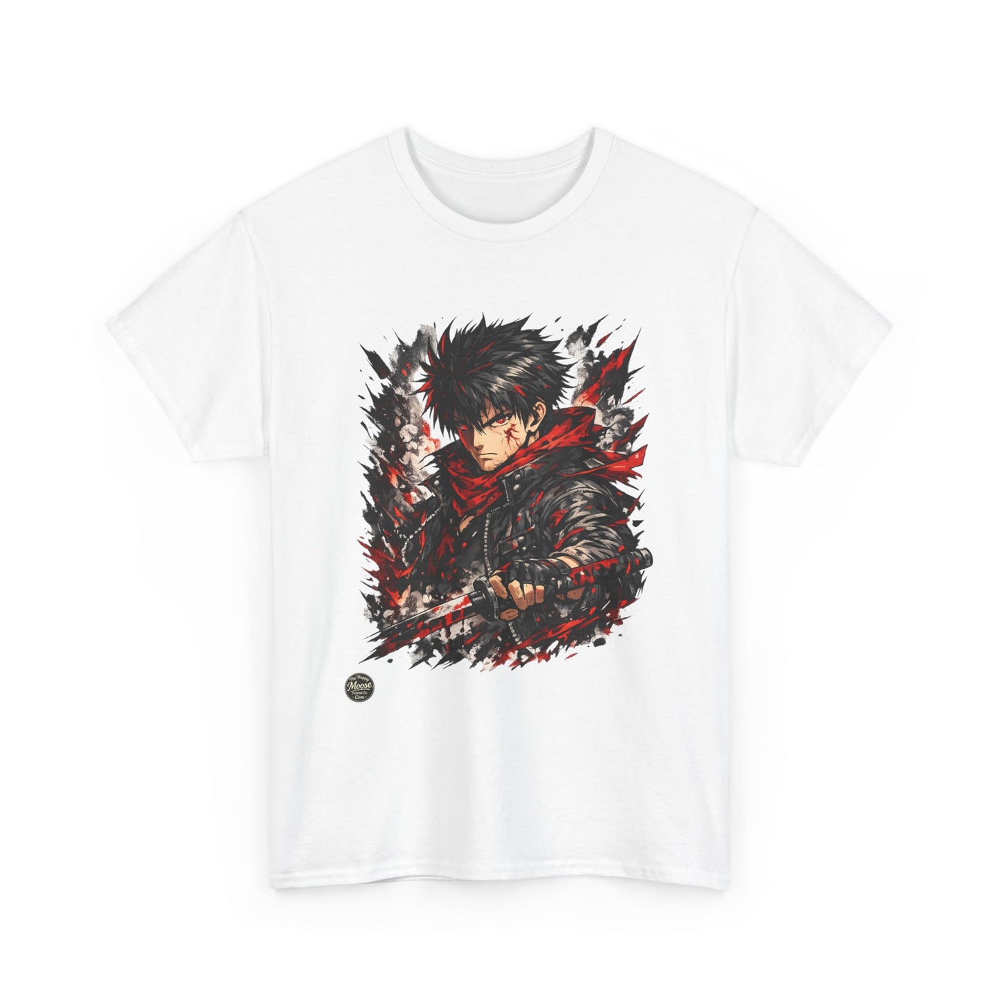 Anime Warrior Graphic Tee — Red Scarf Battle Art T-Shirt #E001