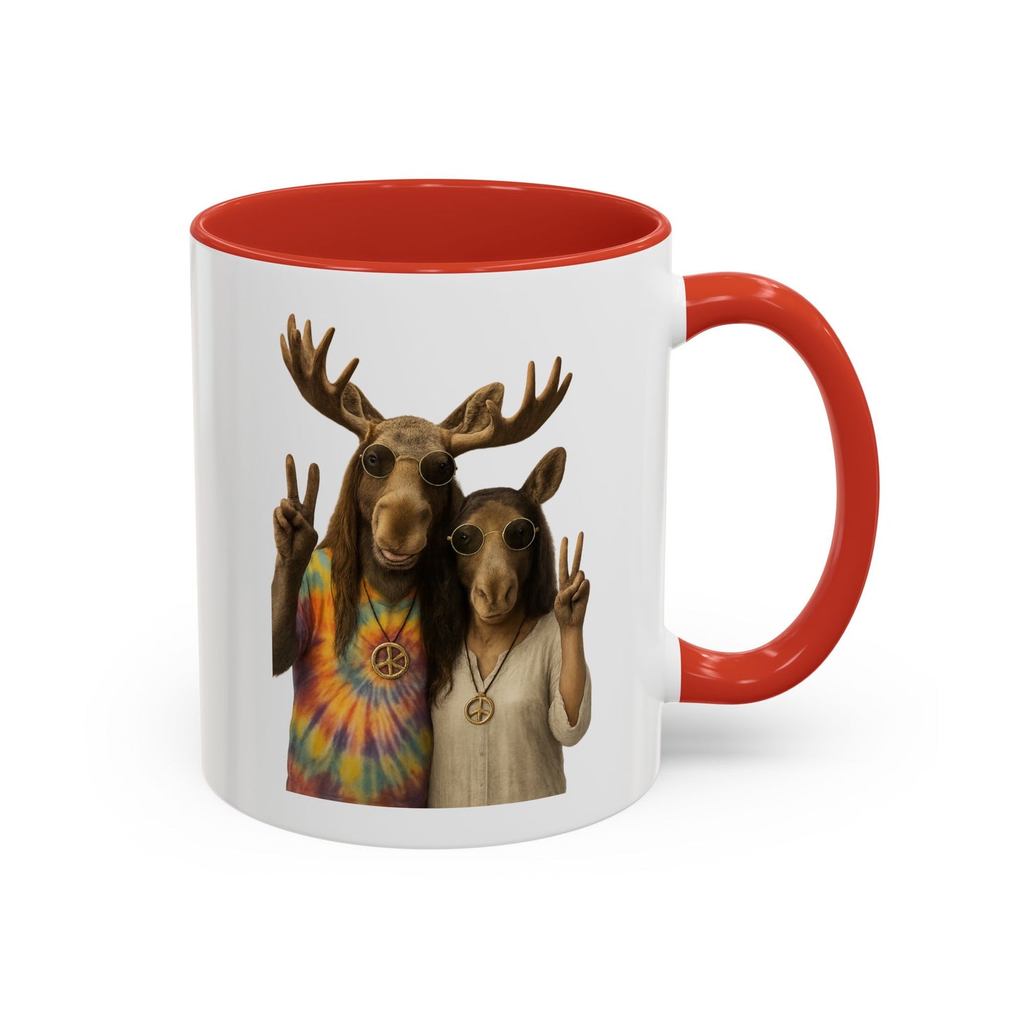 Peaceful Moose Couple Accent Coffee Mug — Hippie Tie-Dye Moose Peace Sign 11/15oz