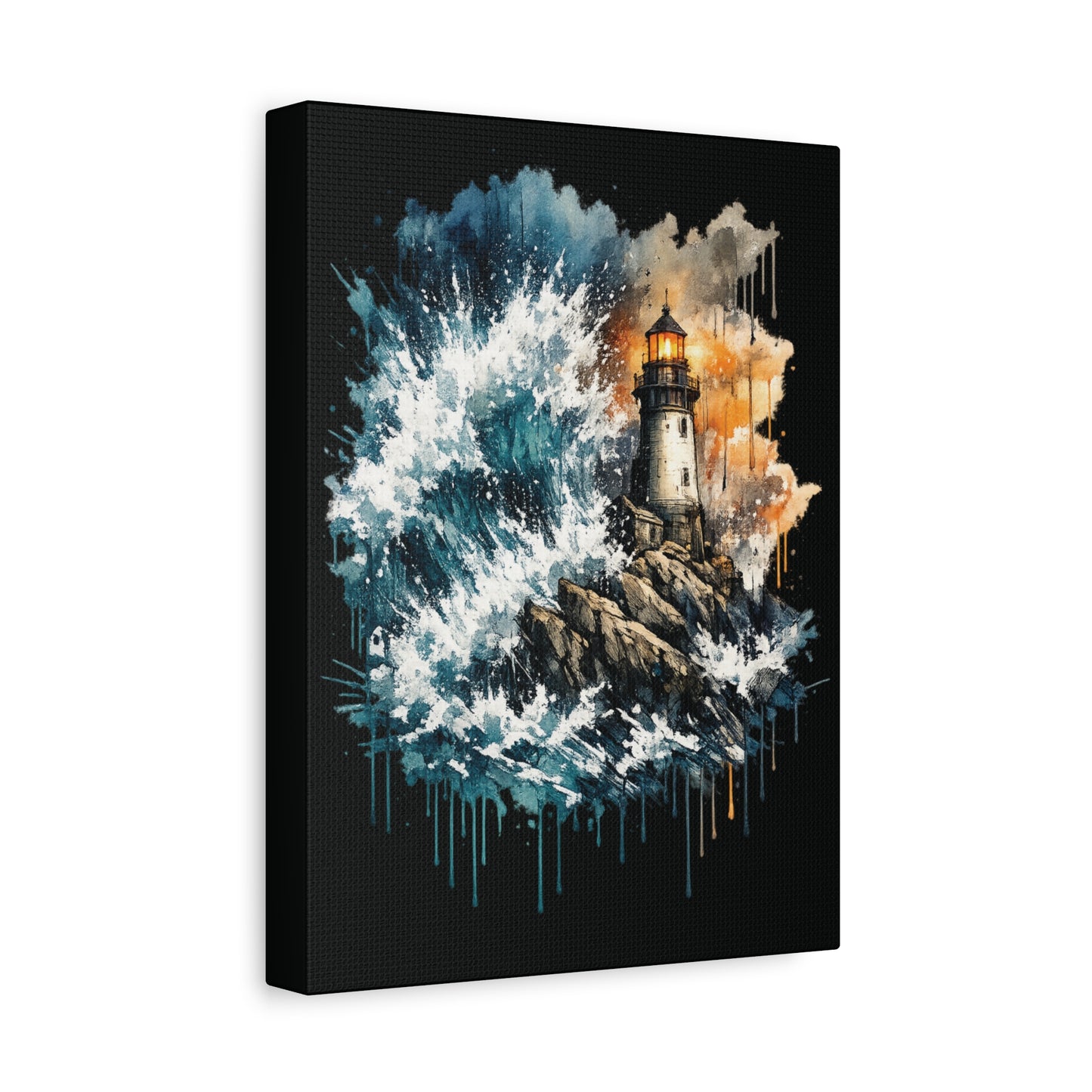 Lighthouse Storm Matte Canvas Wall Art — Dramatic Ocean Wave Seascape C001
