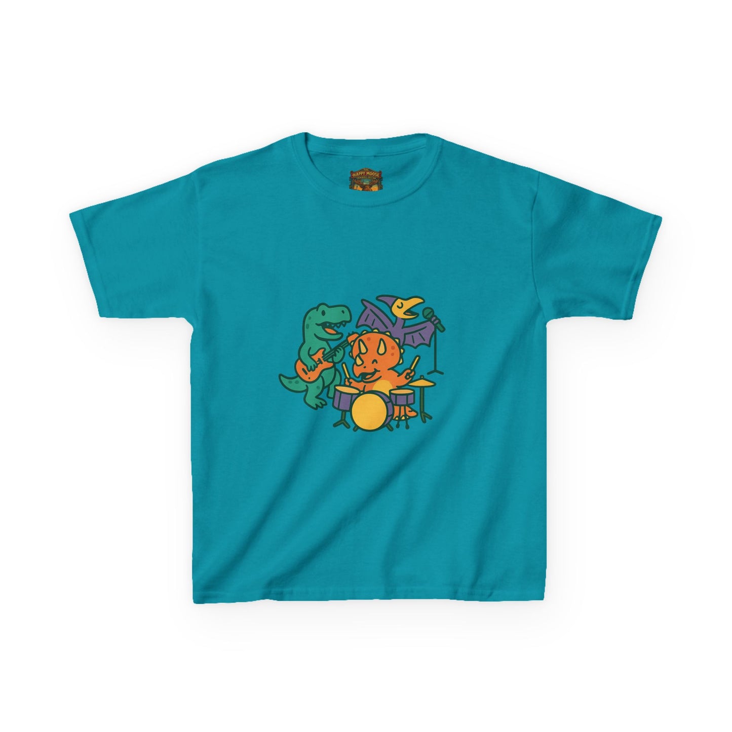 Kids Dino Band T‑Shirt — Cute Cartoon Dinosaur Drummer Tee for Boys & Girls