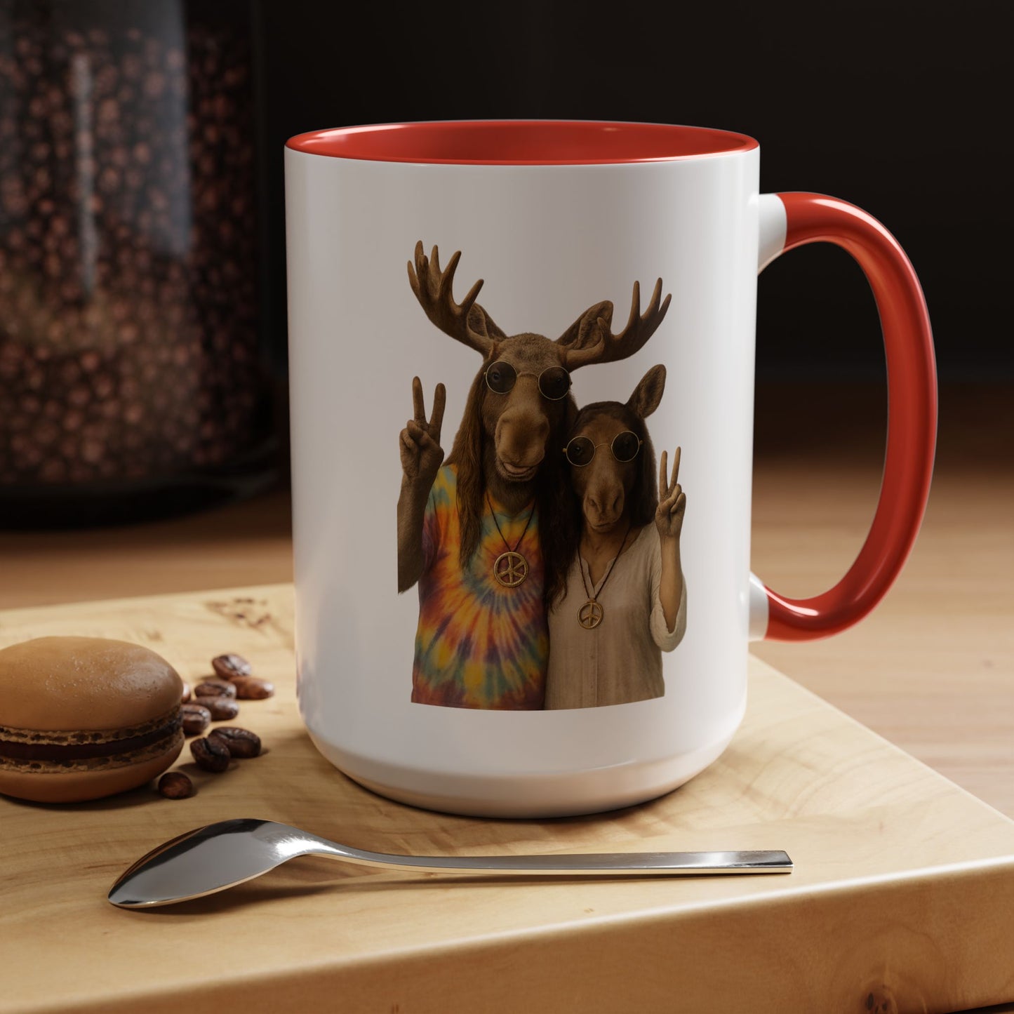 Peaceful Moose Couple Accent Coffee Mug — Hippie Tie-Dye Moose Peace Sign 11/15oz