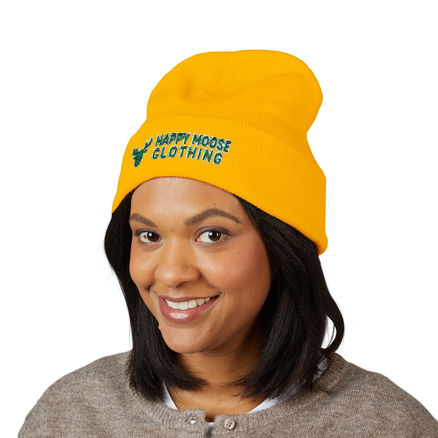 Happy Moose Embroidered Cuffed Beanie