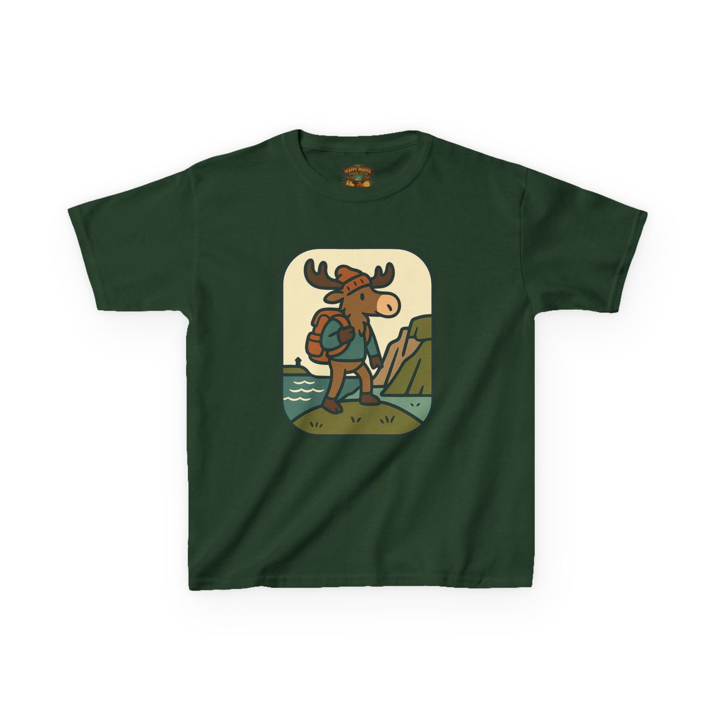 Kids Hiking Moose T‑Shirt — Cute Adventure Backpacker Tee for Boys & Girls
