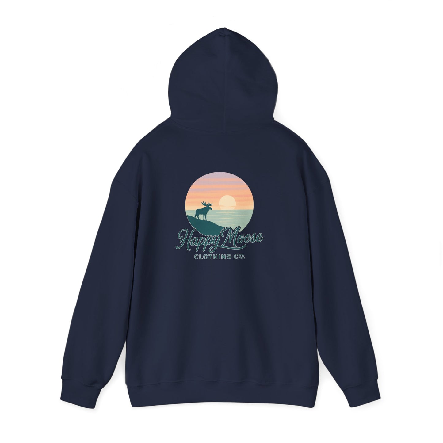 Happy Moose Hoodie — Sunset Lake Graphic Hooded Sweatshirt