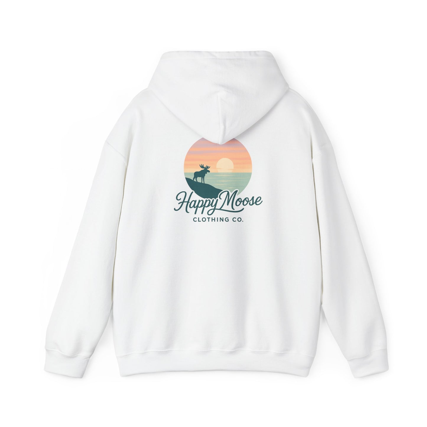 Happy Moose Hoodie — Sunset Lake Graphic Hooded Sweatshirt
