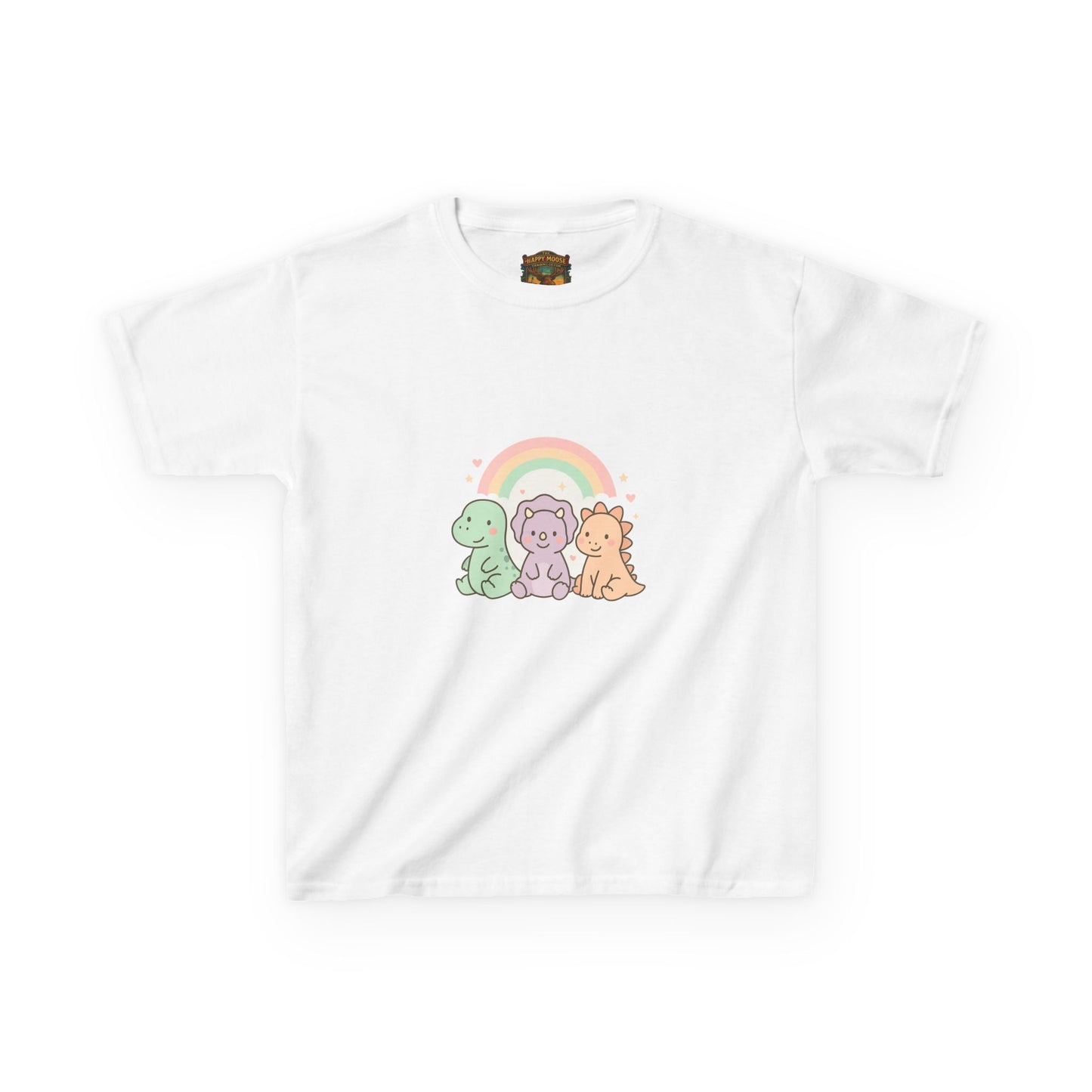Kids T-Shirt — Cute Pastel Dino Trio with Rainbow
