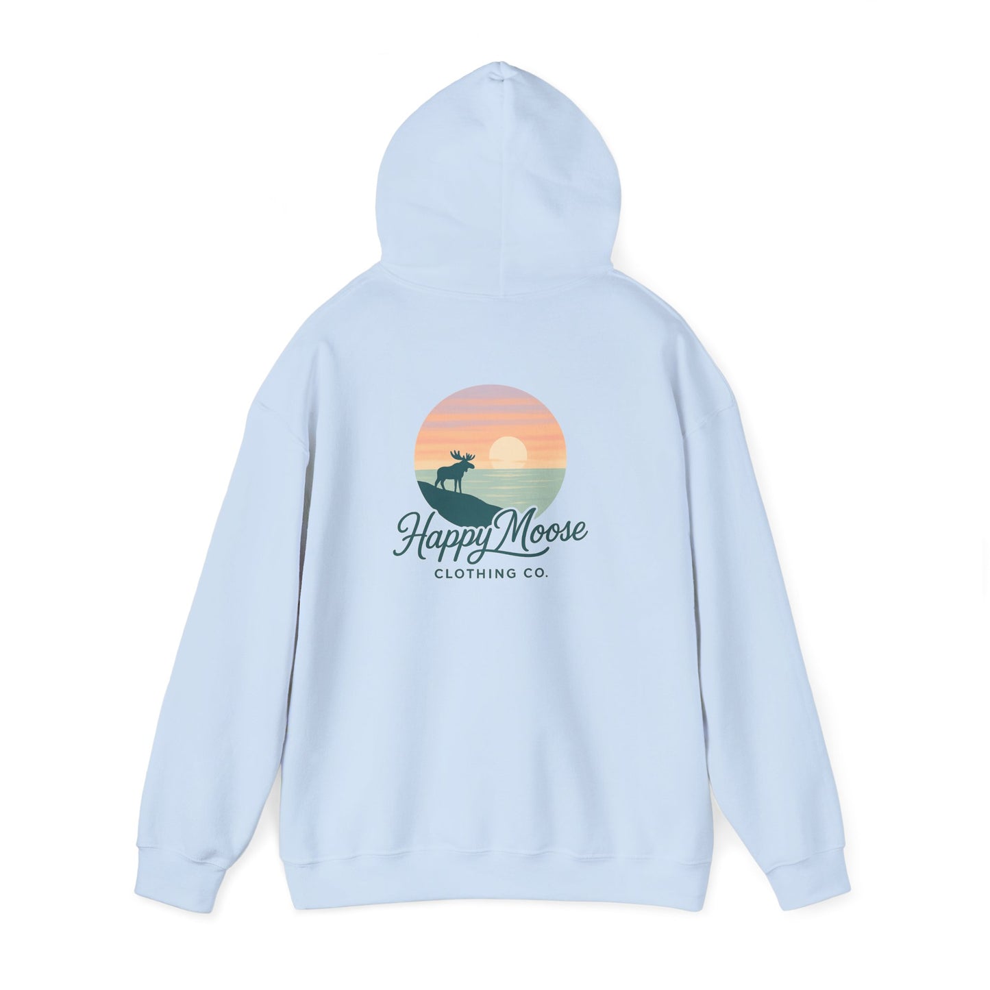 Happy Moose Hoodie — Sunset Lake Graphic Hooded Sweatshirt