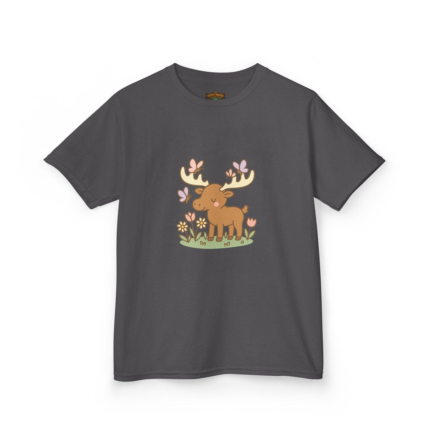 Kids T-Shirt — Cute Woodland Moose with Butterflies Kids Tee