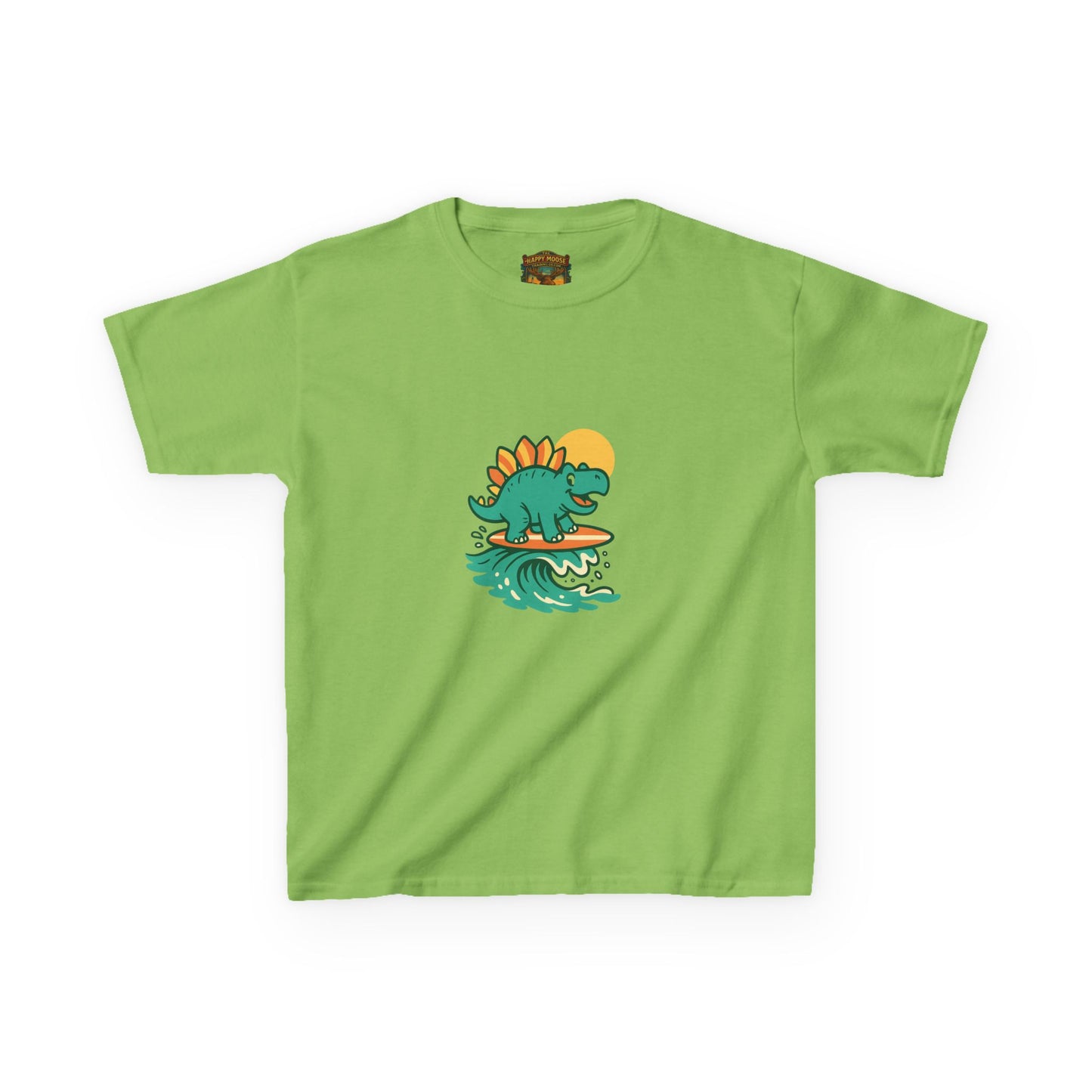 Kids Surfing Dinosaur T-Shirt — Cute Stegosaurus on Wave Graphic Tee