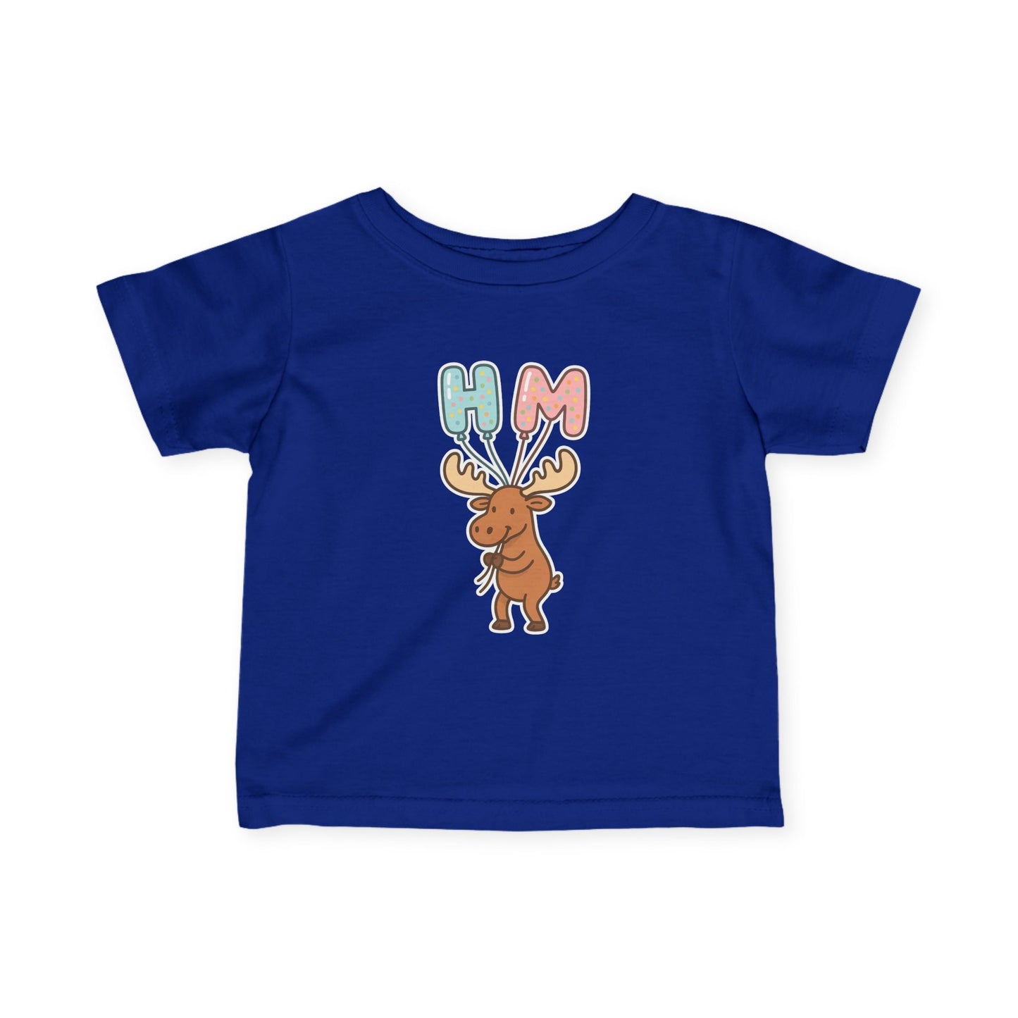 Baby Tee — Cute Moose Holding 'HM' Heart Balloons | Infant Graphic Shirt
