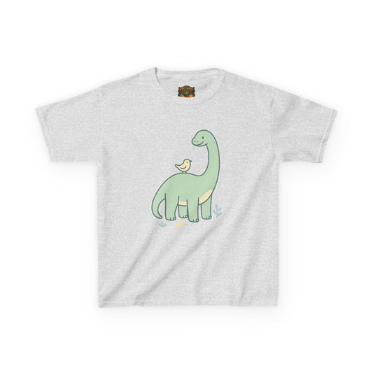 Kids Dino & Bird Tee — Cute Green Brontosaurus Graphic T‑Shirt