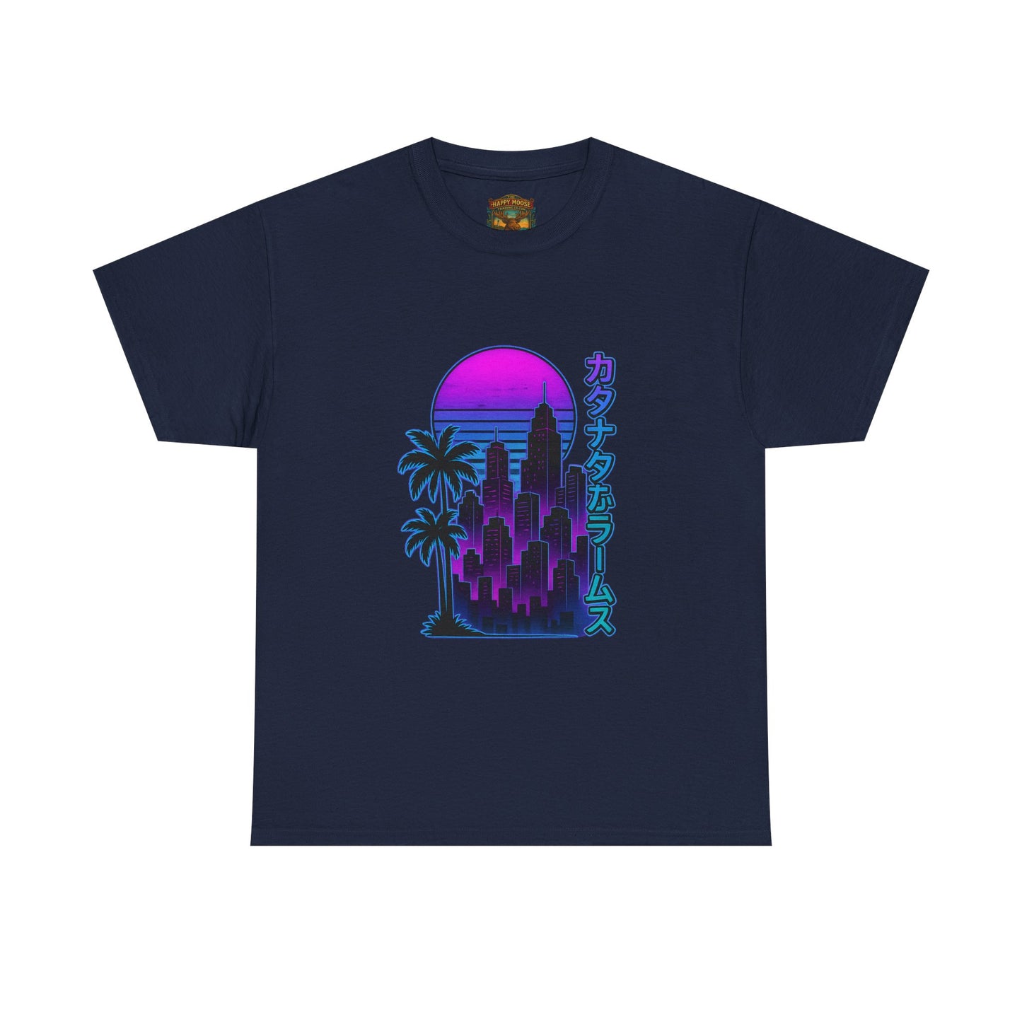 Retro Vaporwave Tee — Neon Sunset City with Palm Trees & Japanese Text