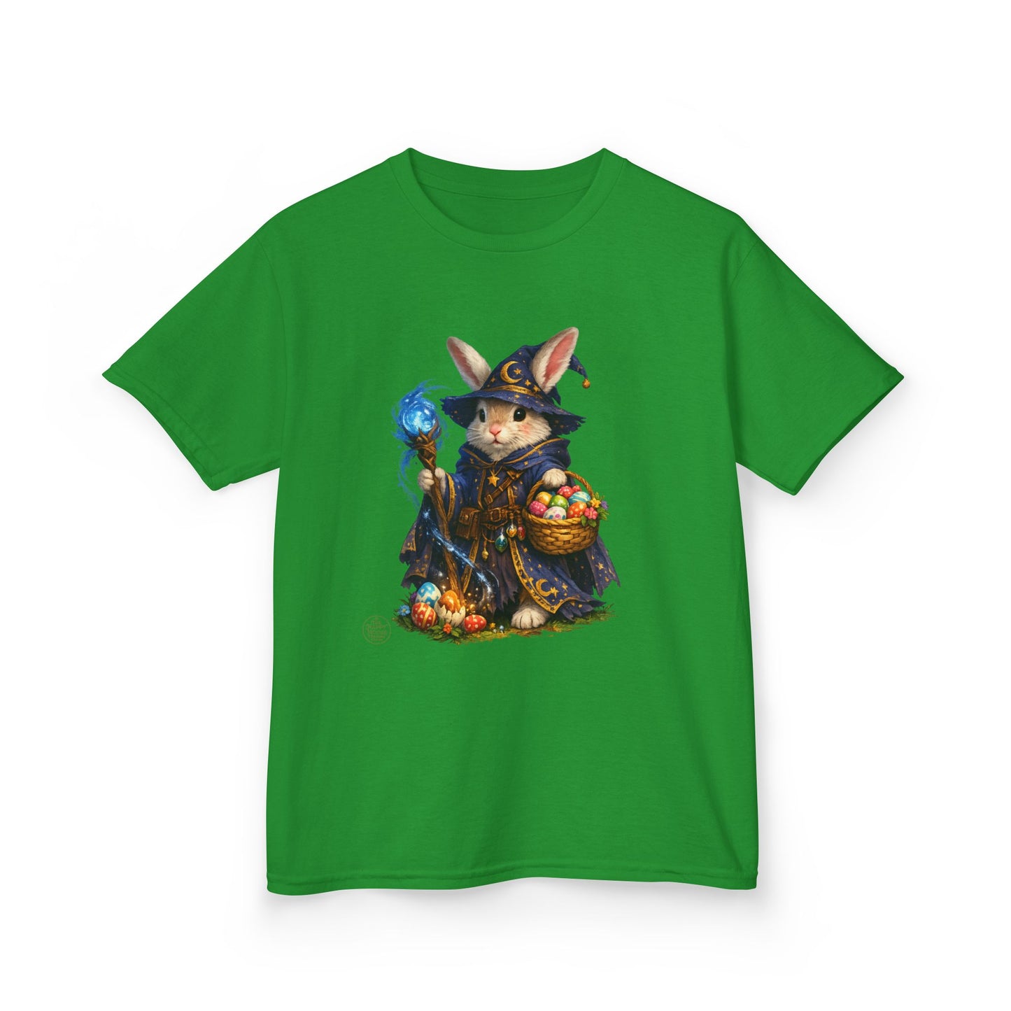 Kids Wizard Bunny T-Shirt — Cute Magic Rabbit with Staff & Basket of Treats