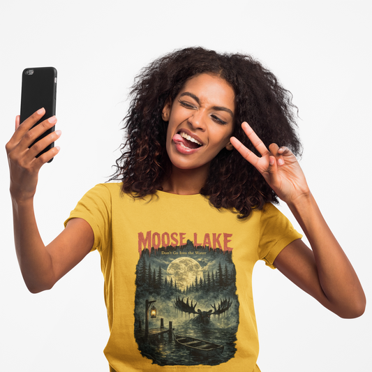 Moose Lake Lakefront Cabin T-Shirt — Vintage Moonlit Forest Graphic Tee