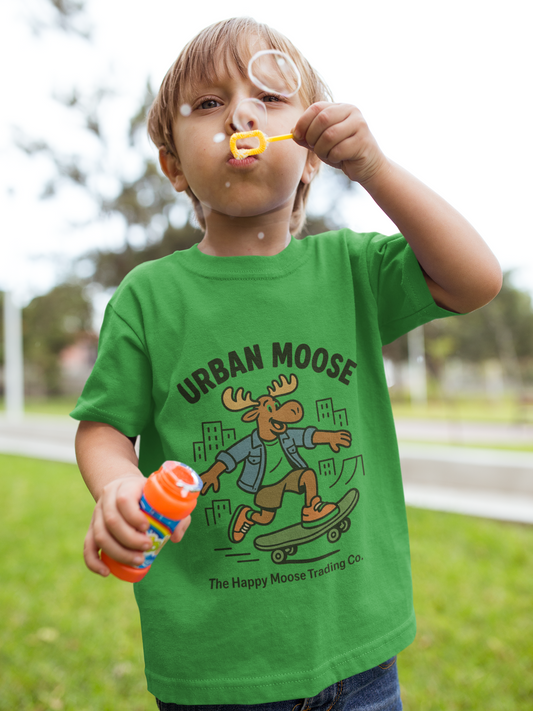 Kids Skateboarding Moose T-Shirt — 'Happy Moose' Graphic Tee