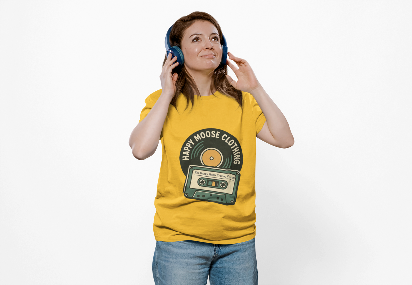Cassette & Vinyl Retro Tee — “Happy Moose Clothing” Vintage Music Graphic T-Shirt