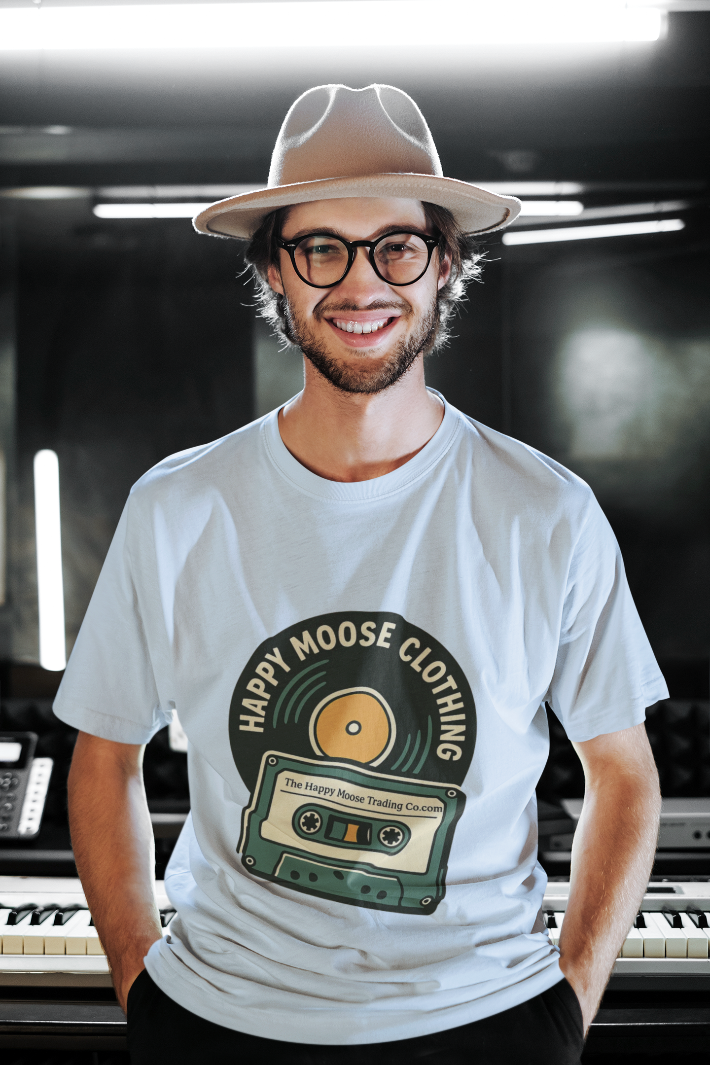 Cassette & Vinyl Retro Tee — “Happy Moose Clothing” Vintage Music Graphic T-Shirt