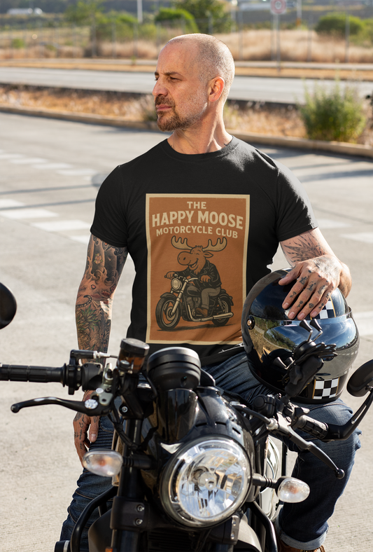 Happy Moose Motorcycle Club T-Shirt | Moose Biker Graphic