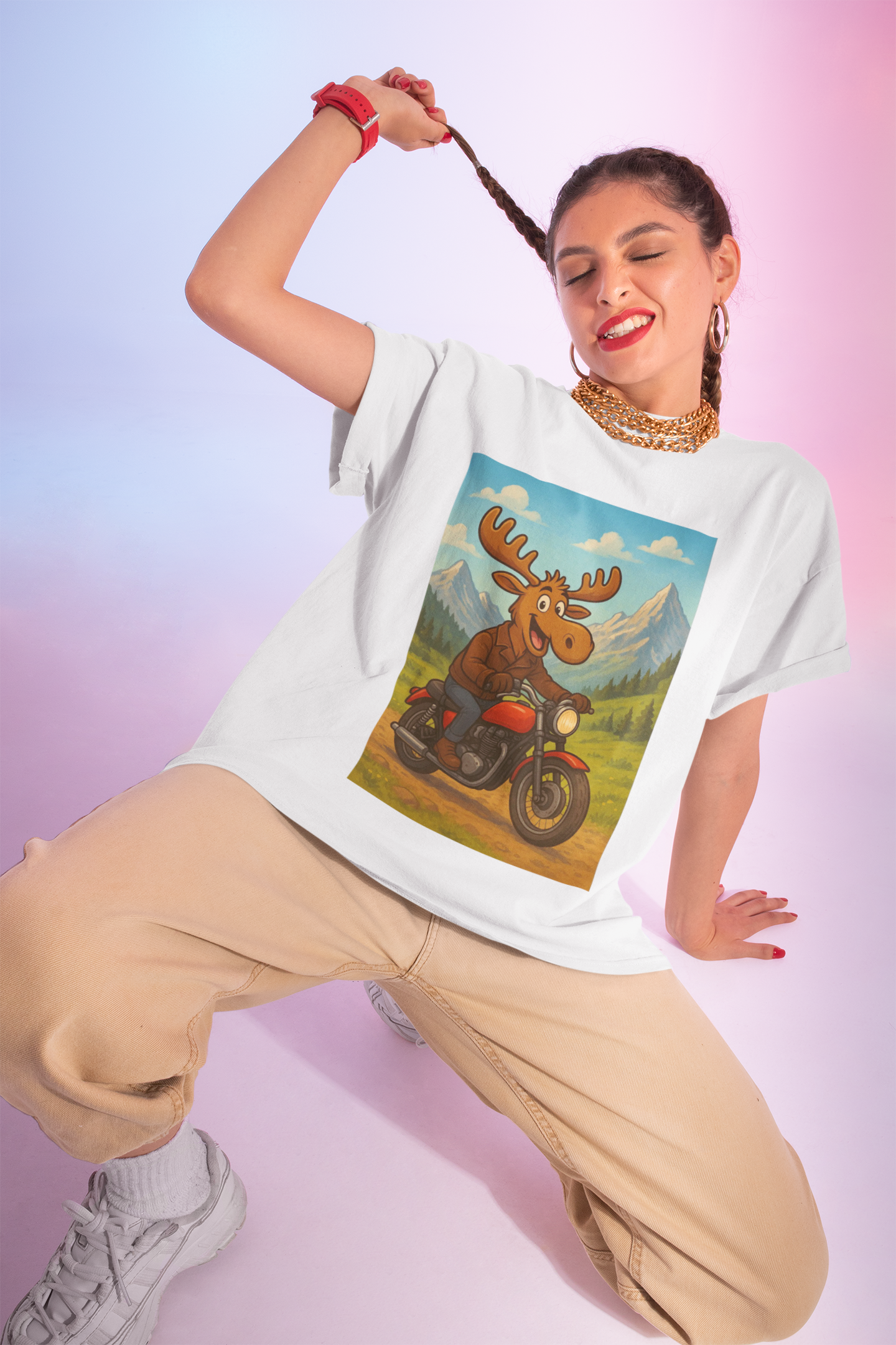 Happy Moose Motorcycle T-Shirt | Vintage Biker Moose Illustration