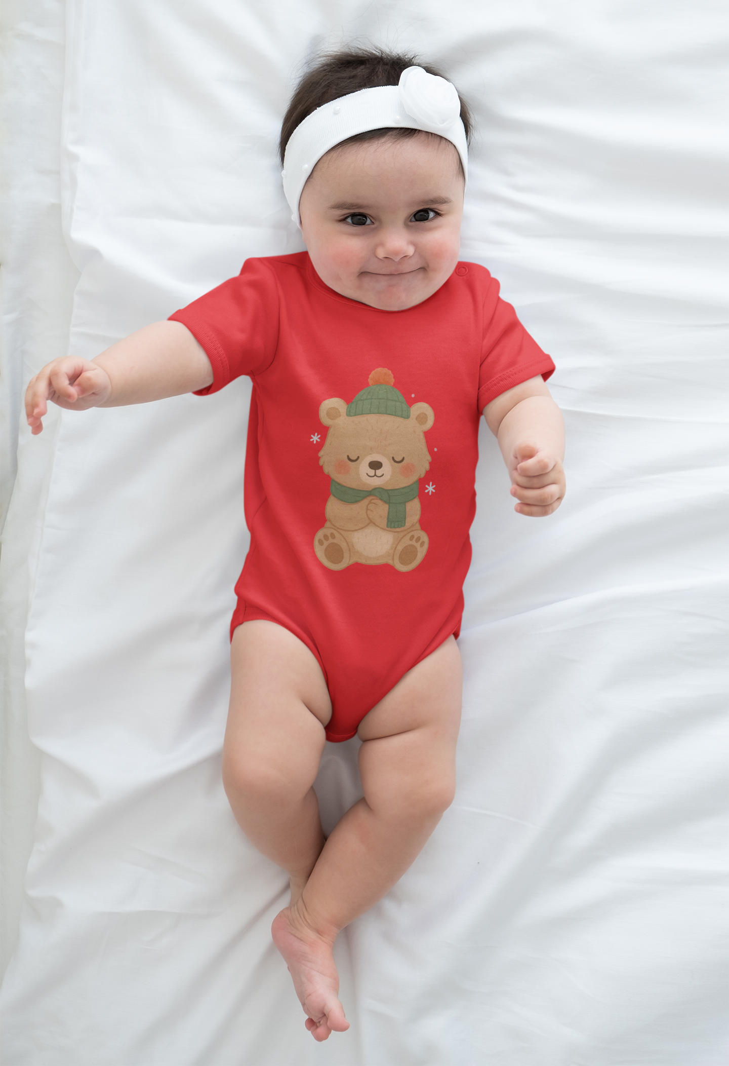 Baby Vest Infant Bodysuit - Christmas Bear, Cute Teddy in Winter Hat & Scarf
