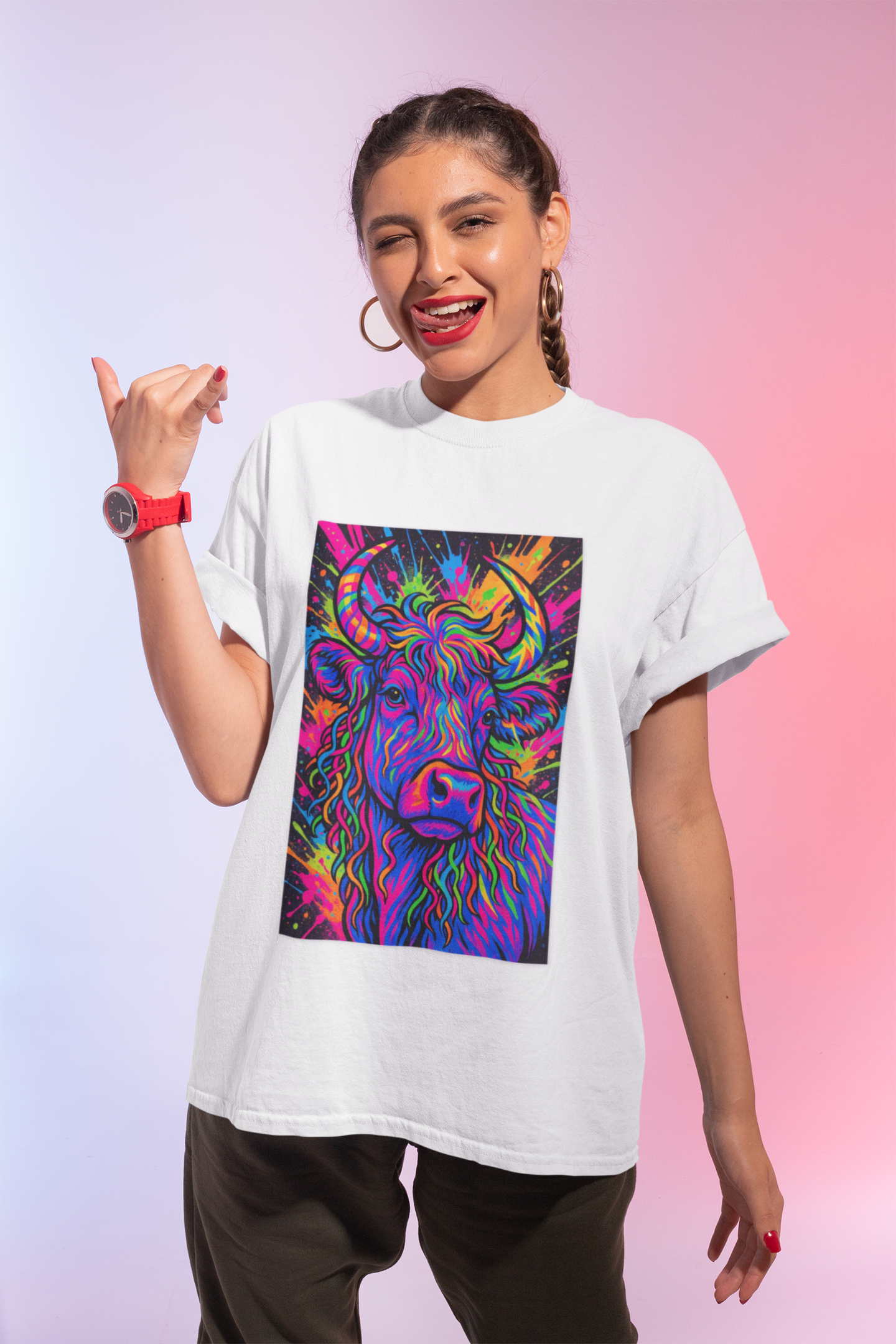 Psycadelic Highland Cow T-Shirt | Retro Rainbow Cow Art 1